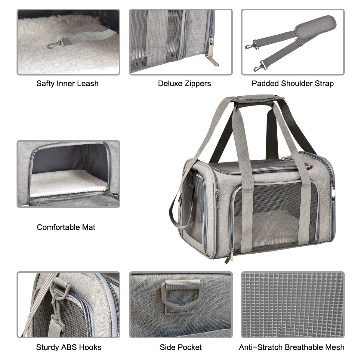 Qlfyuu Cat Carrier Dog Carrier Portable Pet Carrier Soft Sided, Medium Small Airline Approved, Foldable Bunny Puppy Cat Bag up to 15lbs for Travel(Gery,Medium)