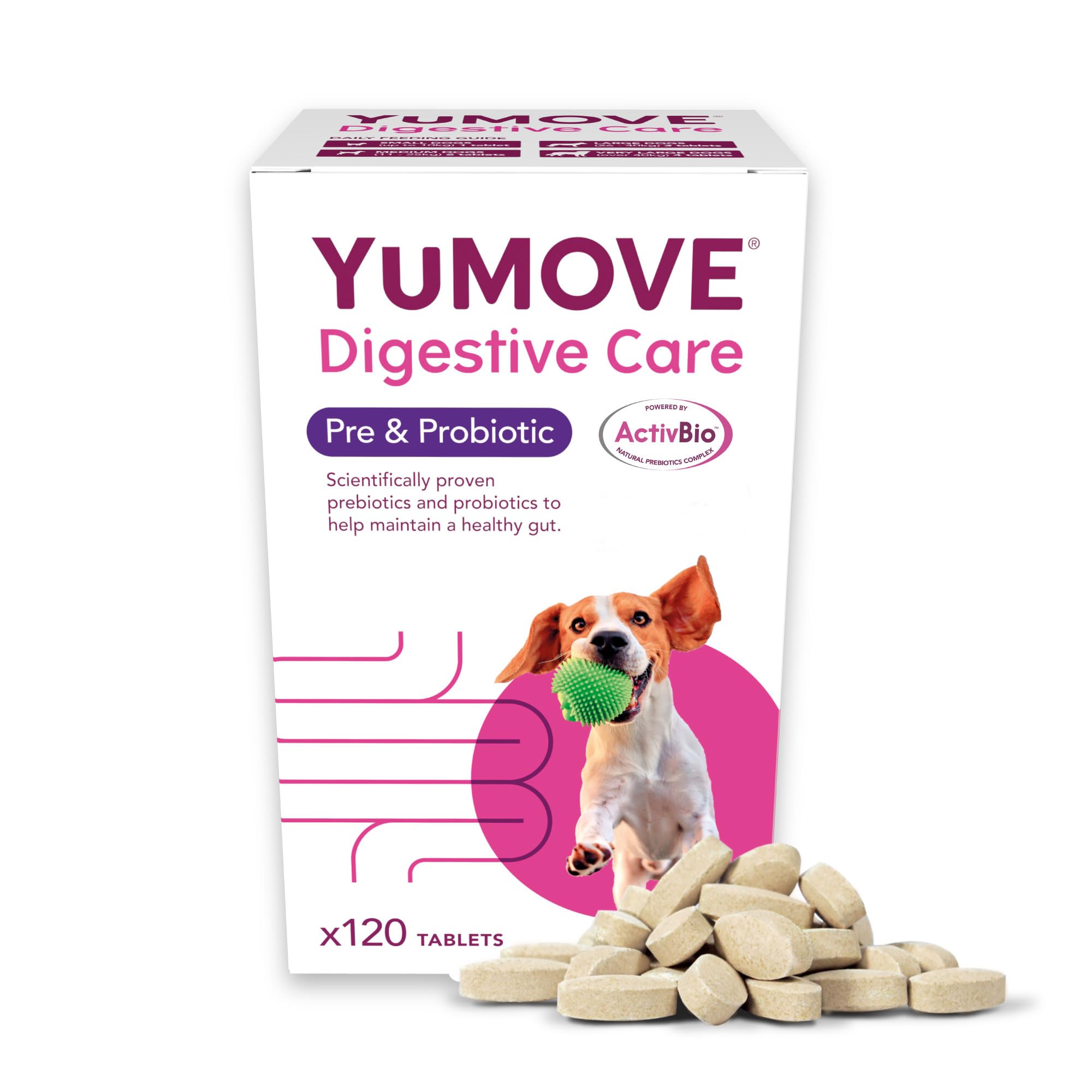 YuMOVE Digestive Care, Dog Pre and Probiotics Supplement for Gut Health, Digestive Support for All Ages and Breeds, 120 Tablets - Eco Friendly and Letter Box Ready Packaging
