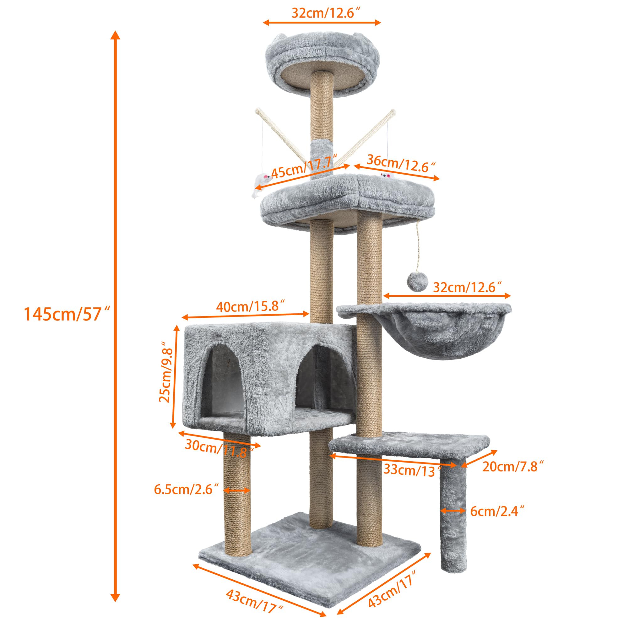Cat Tree, 145cm Stable Cat Scratching Post for Indoor Cats, Multi-Level Cat Climbing Tower with Posts Fully Wrapped in Natural Sisal Rope, Suitable for Kitty Kitten