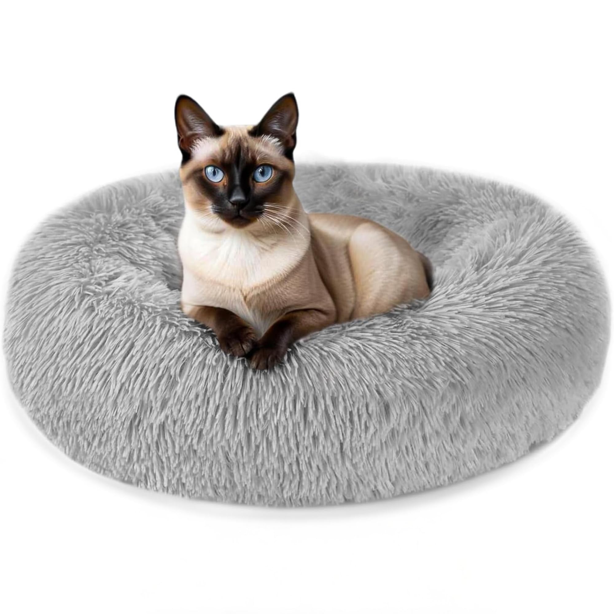 ELYF Plush Donut Cat Bed for Indoor Cats (50cm) - Calming Dog Bed Self-Warming Round Pet Cushion with Anti-Slip, Waterproof Base & Reversible Design, Machine Washable - Grey