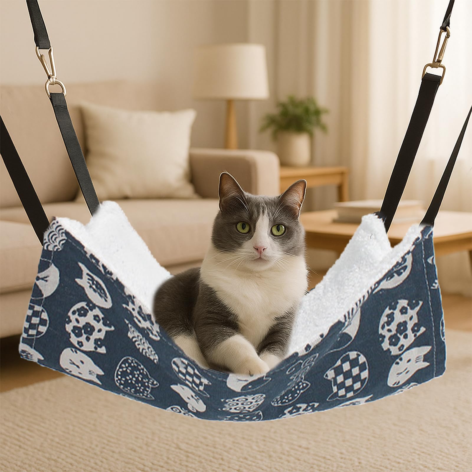XNBTFK 2PCS Cat Hammock Bed, Plush Hanging Hammock for Small Pets, Reversible Cat Hanging Bed with Soft Fabric, Fits Most Cages (M Size, Blue & Gray Plaid)
