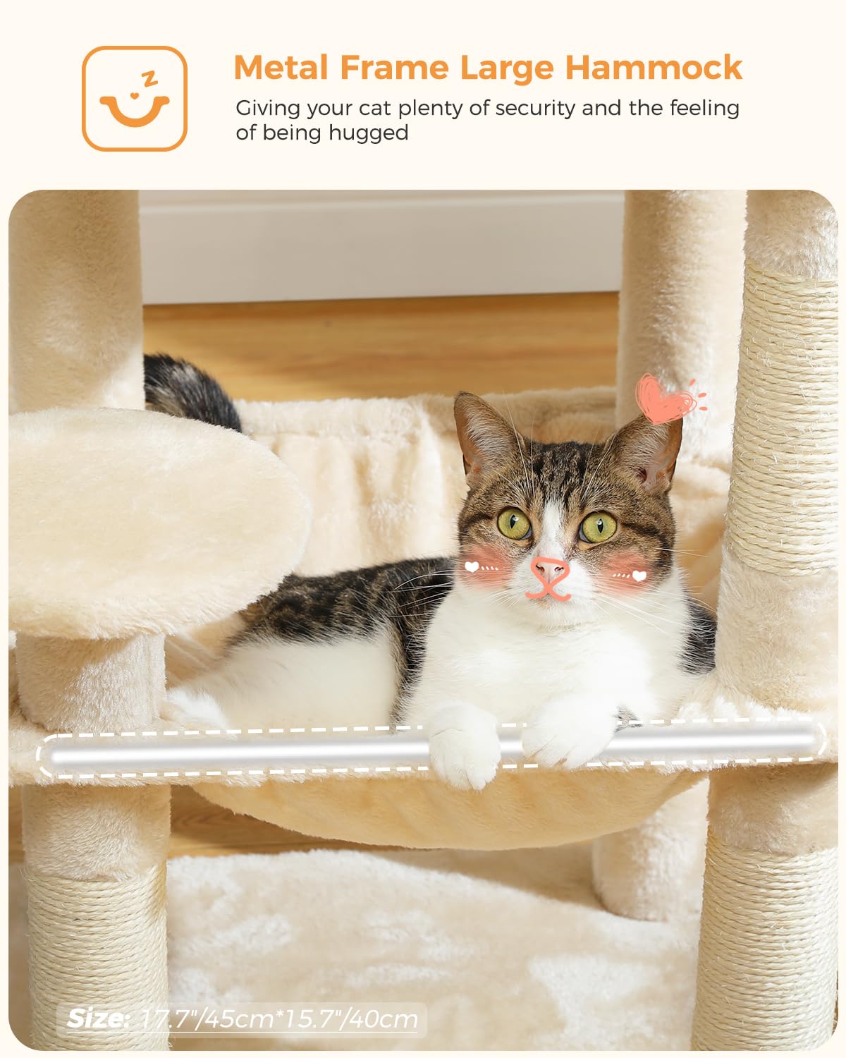 PAWZ Road 116cm Cat Tree Medium Cat Tower with 4 Sisal Scratching Posts, Metal Frame Large Hammock and Cozy Condo, Activity Center Stable and Sturdy, Size M Beige