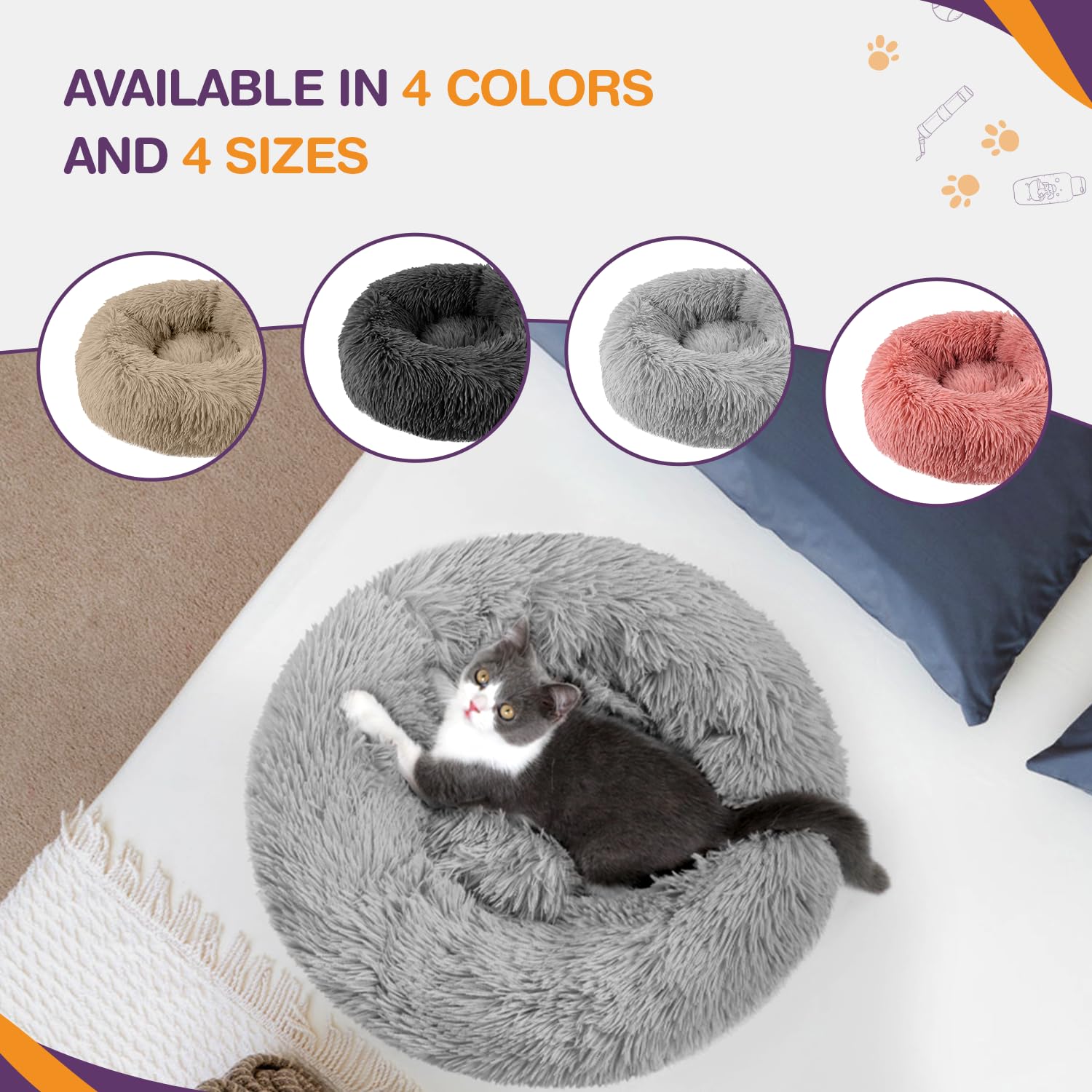 ELYF Plush Donut Cat Bed for Indoor Cats (50cm) - Calming Dog Bed Self-Warming Round Pet Cushion with Anti-Slip, Waterproof Base & Reversible Design, Machine Washable - Grey