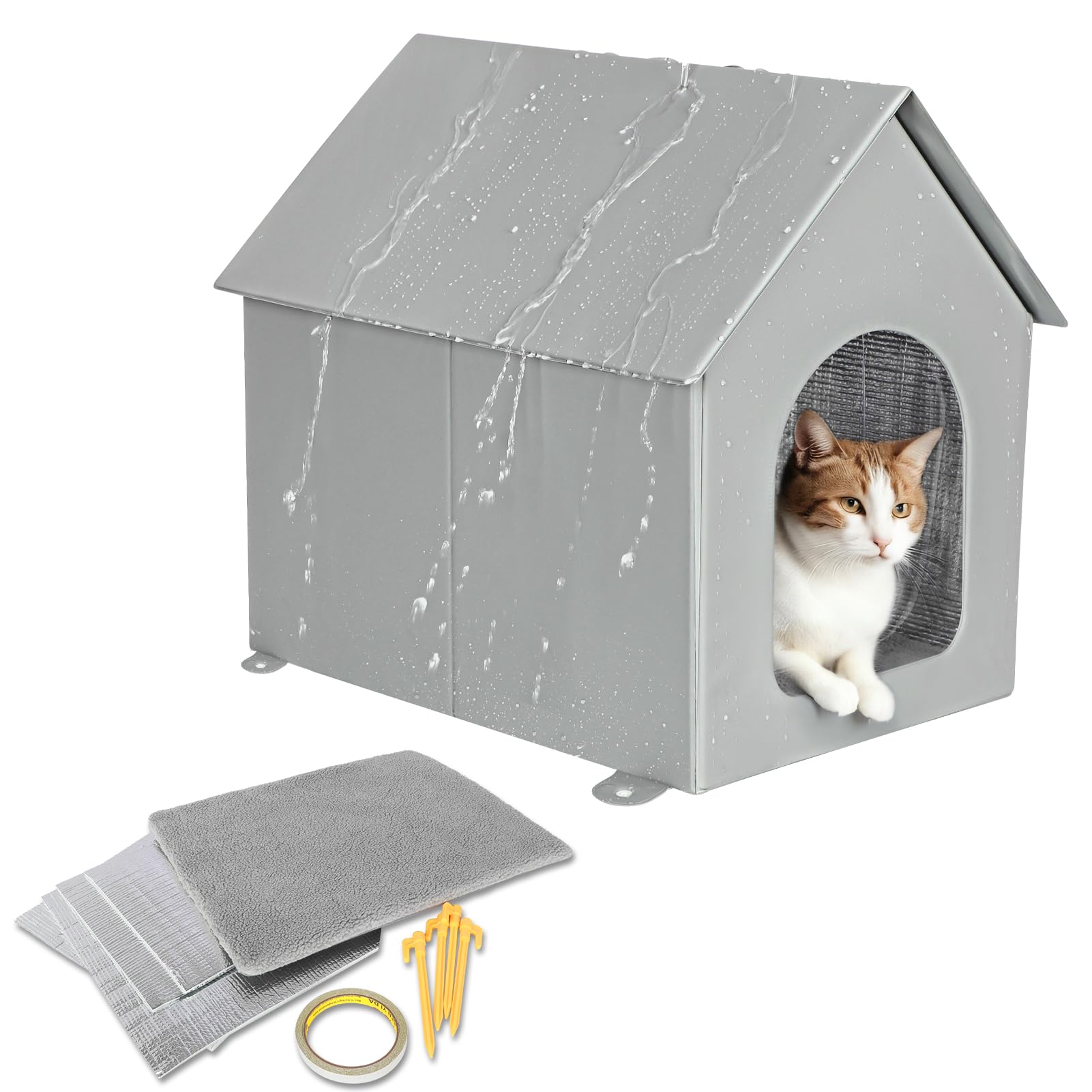 Sturdy Outdoor Cat Cave Bonus 4 Insulation Sheet, 100% Weatherproof, Insulated Feral Cat House with Removable Soft Mat, Safe Outside Feral Cat House Shelter for Winter