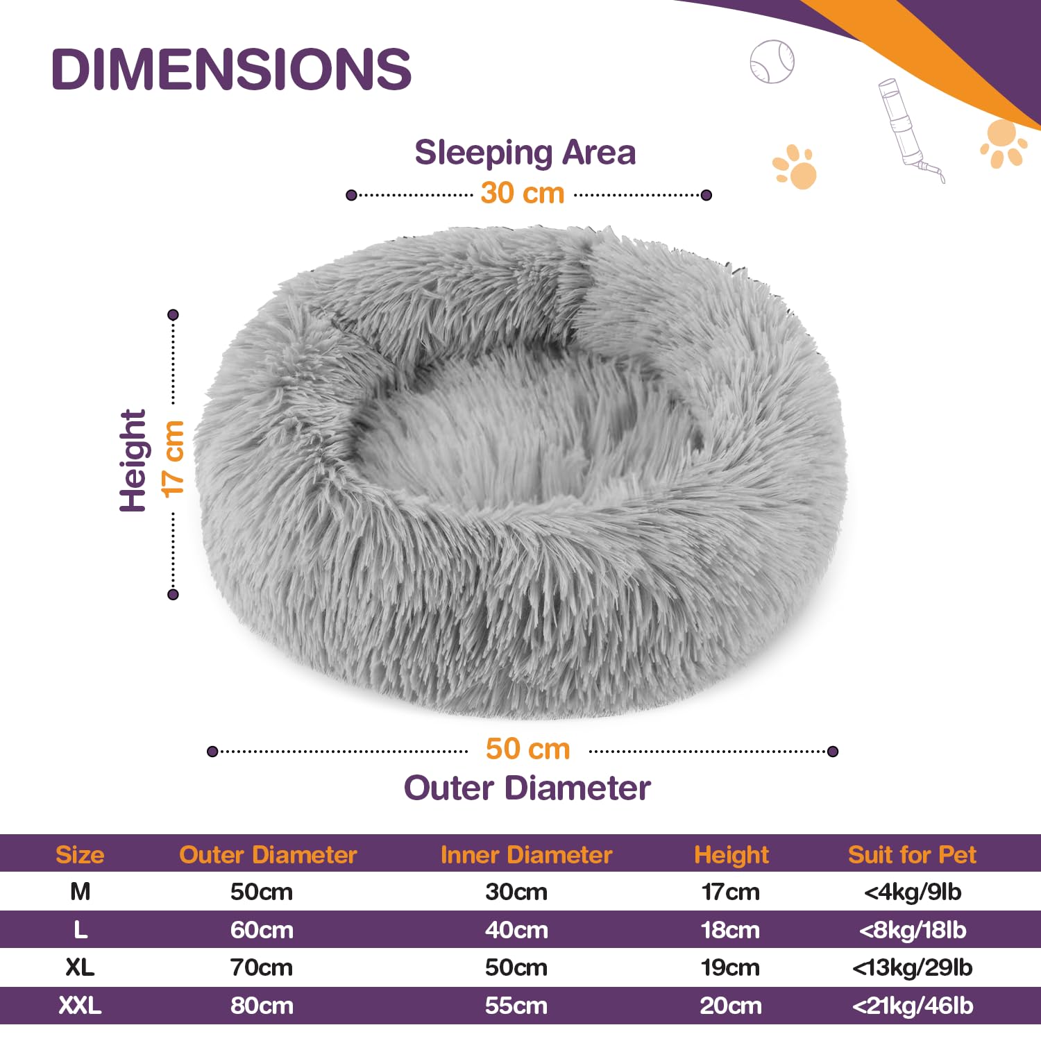 ELYF Plush Donut Cat Bed for Indoor Cats (50cm) - Calming Dog Bed Self-Warming Round Pet Cushion with Anti-Slip, Waterproof Base & Reversible Design, Machine Washable - Grey