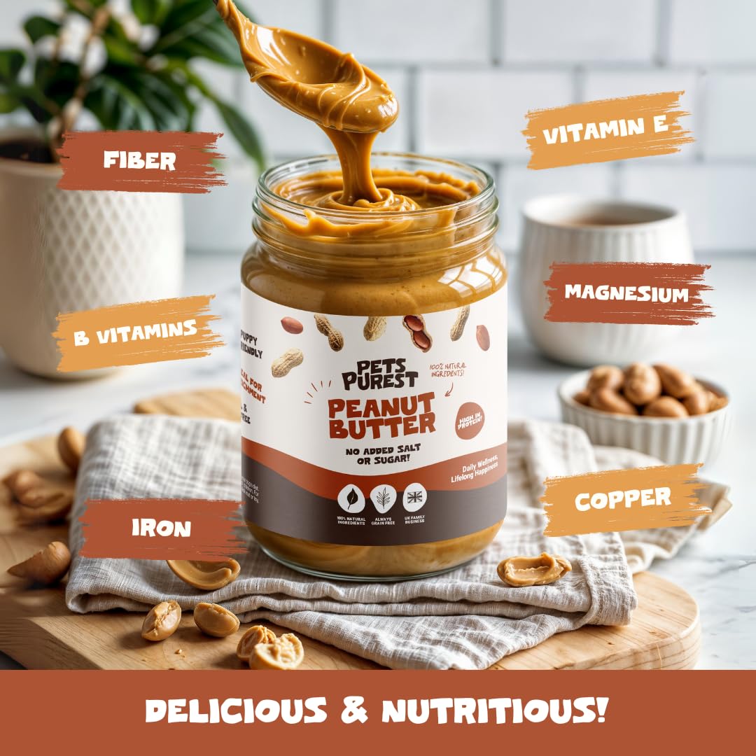 Pets Purest Dog Peanut Butter - 100% Natural Peanut Butter For Dogs & Puppy - Healthy Source of Pure Protein Treat Paste Free From Palm Oil, Wheat & Gluten. No Added Sugar, Salt or Xylitol