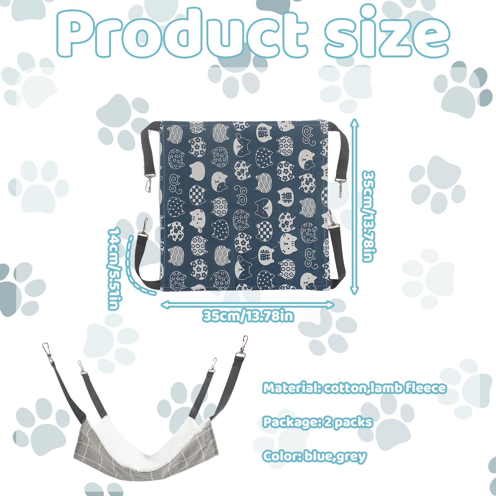 XNBTFK 2PCS Cat Hammock Bed, Plush Hanging Hammock for Small Pets, Reversible Cat Hanging Bed with Soft Fabric, Fits Most Cages (M Size, Blue & Gray Plaid)