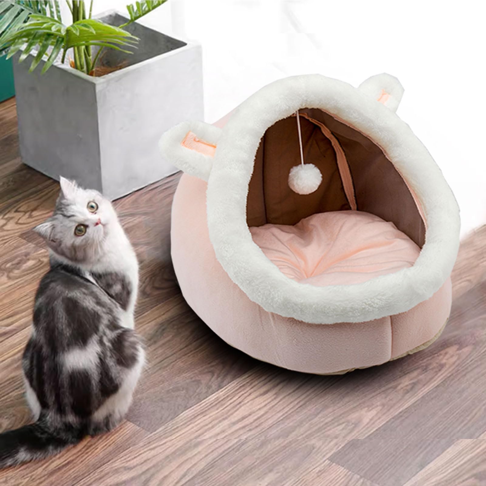 Dtopsun Cat Beds for Indoor with Anti-Slip Bottom, Rabbit-Shaped Small Dog Cave with Hanging toy, Kitten Tent House Removable Cotton Pad, Super Soft Calming Pet Sofa Mats for Puppy and Kitty