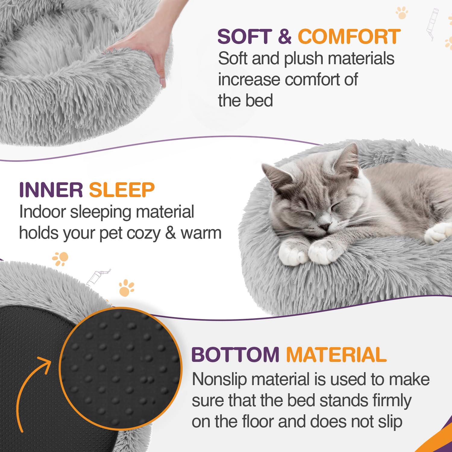 ELYF Plush Donut Cat Bed for Indoor Cats (50cm) - Calming Dog Bed Self-Warming Round Pet Cushion with Anti-Slip, Waterproof Base & Reversible Design, Machine Washable - Grey