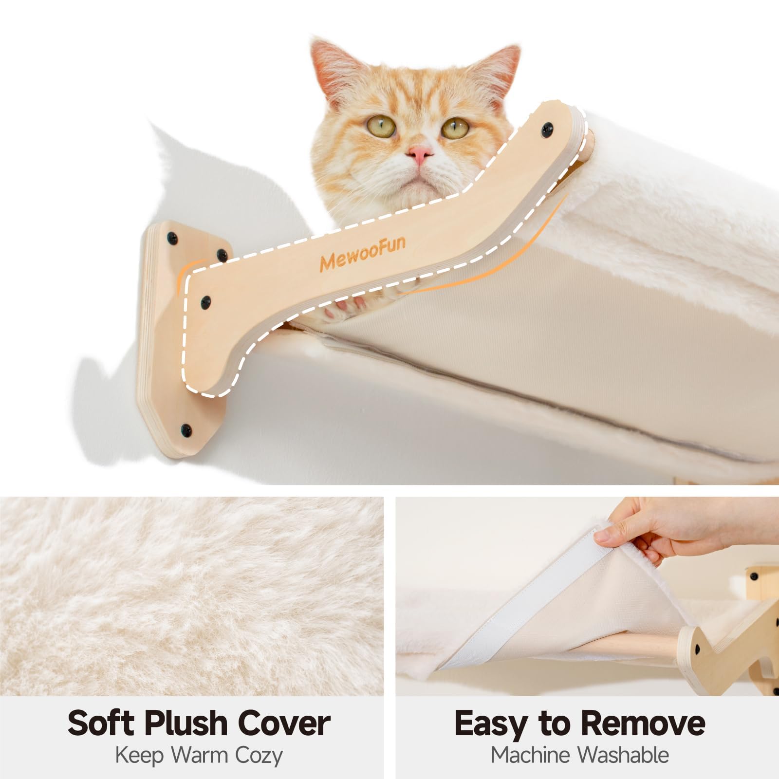 MEWOOFUN Cat Hammock Wall Mounted Furniture, 52x32cm Large Wooden Wall Perches Shelves for Climbing, Sleeping, and Playing, White Flannel Cat Shelves