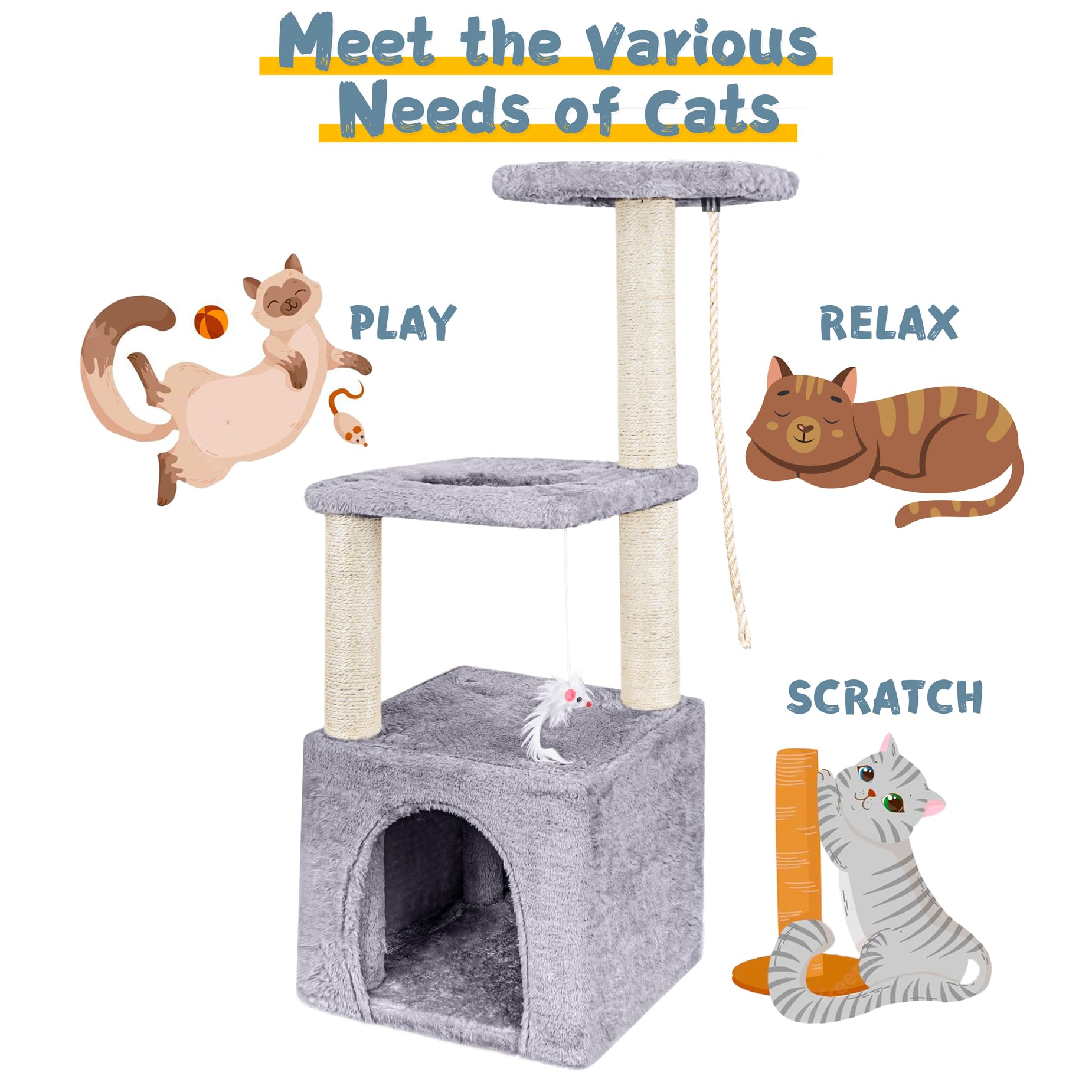 Cat Scratching Post, 90cm Cat Tree for Indoor Cats Multi-Level Stable Cat Tower for Climbing Playing and Relaxation, Grey