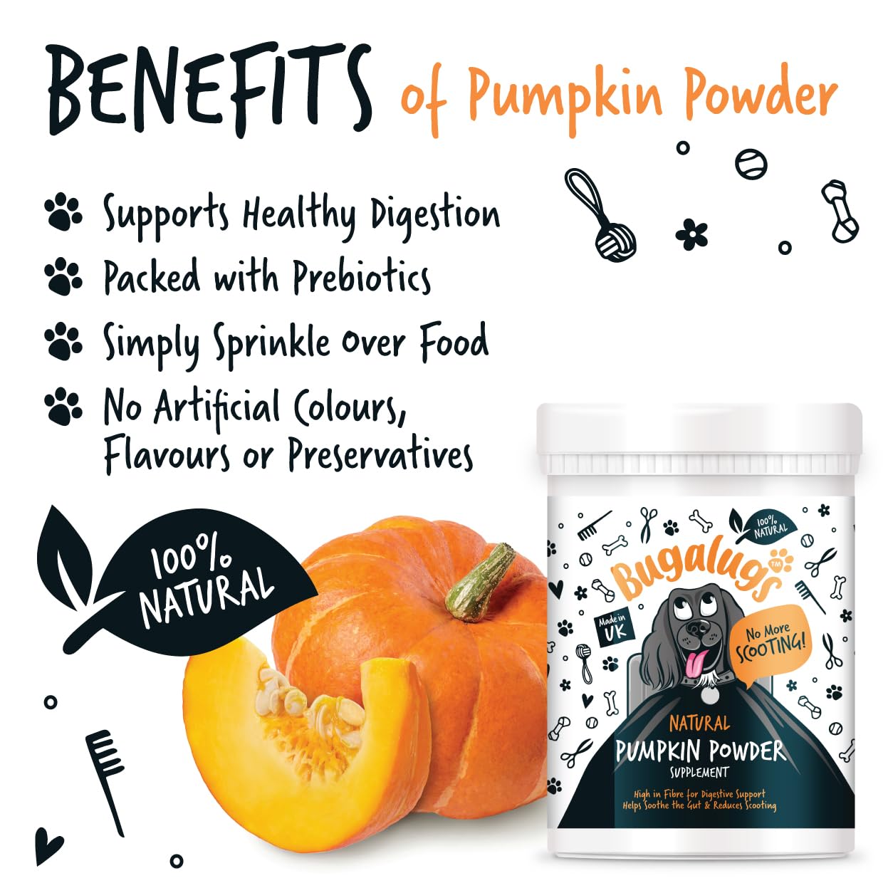 Bugalugs Pumpkin Powder For Dogs- 100% Pure Pumpkin Powder Dog Food Topper, Pumpkin Puree Powder Naturally Rich in Prebiotics & Fibre for Dogs Gut Health & Healthy Stools 200g