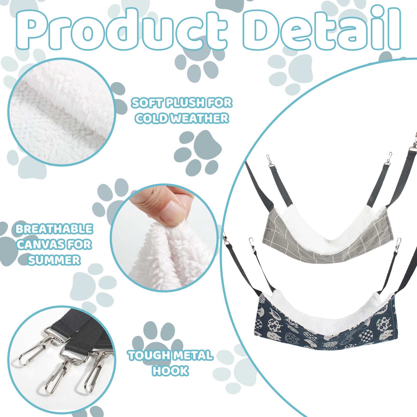 XNBTFK 2PCS Cat Hammock Bed, Plush Hanging Hammock for Small Pets, Reversible Cat Hanging Bed with Soft Fabric, Fits Most Cages (M Size, Blue & Gray Plaid)
