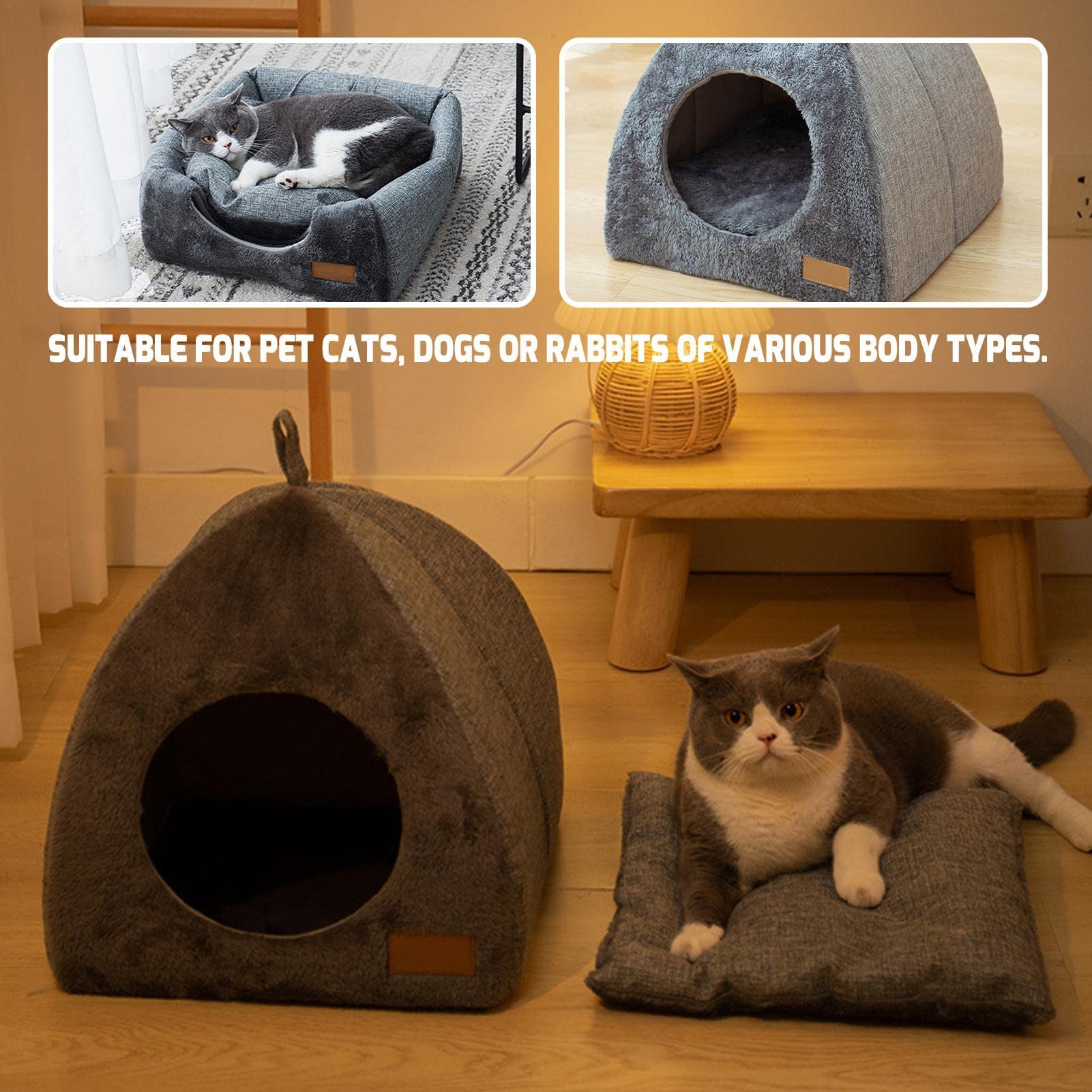 Pologmase Cat Cave Bed for Cats & Small Dogs - Tent Igloo with Removable Washable Cushion