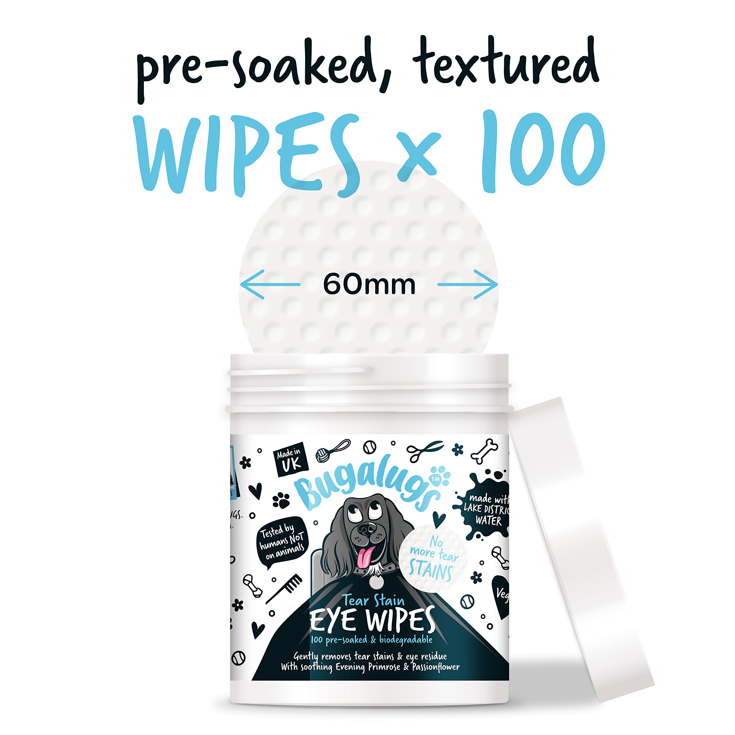 BUGALUGS Dog Eye Wipes 100 Biodegradable textured pre-soaked Dog Wipes. Safe & Easy Cleaning For Dogs - Pet Eye Wipes Remove Tear Stains, Dog Eye Crust & Eye Discharge