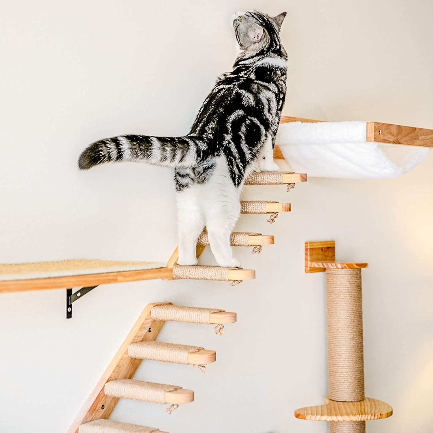 Fukumaru Cat Hammock - Wall Mounted Kitty Bed & Perch, Wooden Cat Wall Furniture, Stable Shelves for Sleeping, Playing, Climbing, Lounging - White Flannel