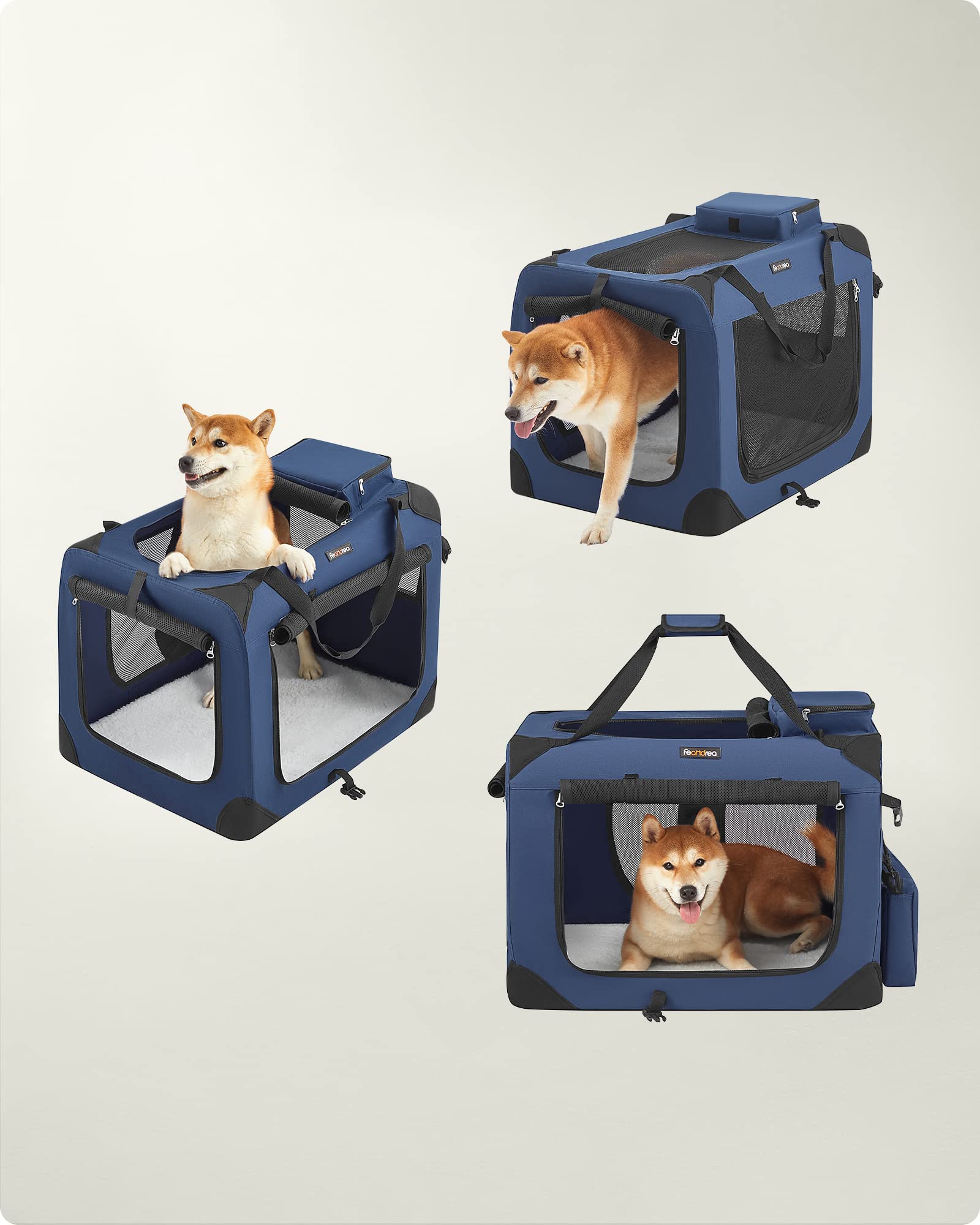 Feandrea Foldable Pet Carrier Bag, Portable Cat Dog Carrier, Soft Sided Pet Travel Carrier with Breathable Mesh, with Handles, Storage Pockets, 70 x 52 x 52 cm, Dark Blue PDC70Z