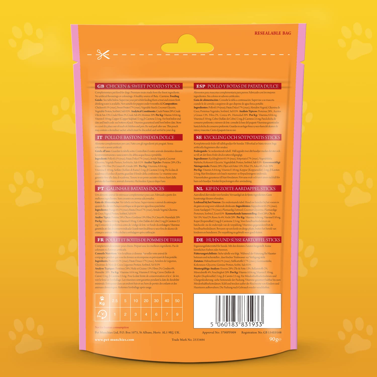 Pet Munchies Chicken and Sweet Potato Dog Treats, Healthy Grain Free Dental Sticks with Natural Real Meat 90g