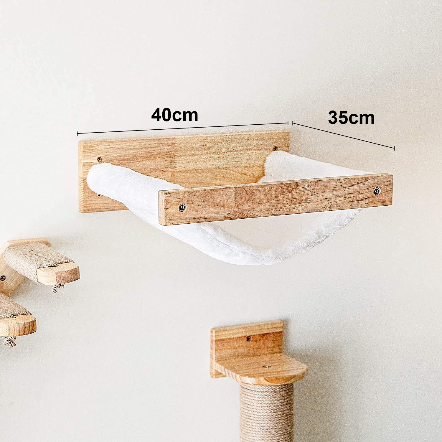 Fukumaru Cat Hammock - Wall Mounted Kitty Bed & Perch, Wooden Cat Wall Furniture, Stable Shelves for Sleeping, Playing, Climbing, Lounging - White Flannel