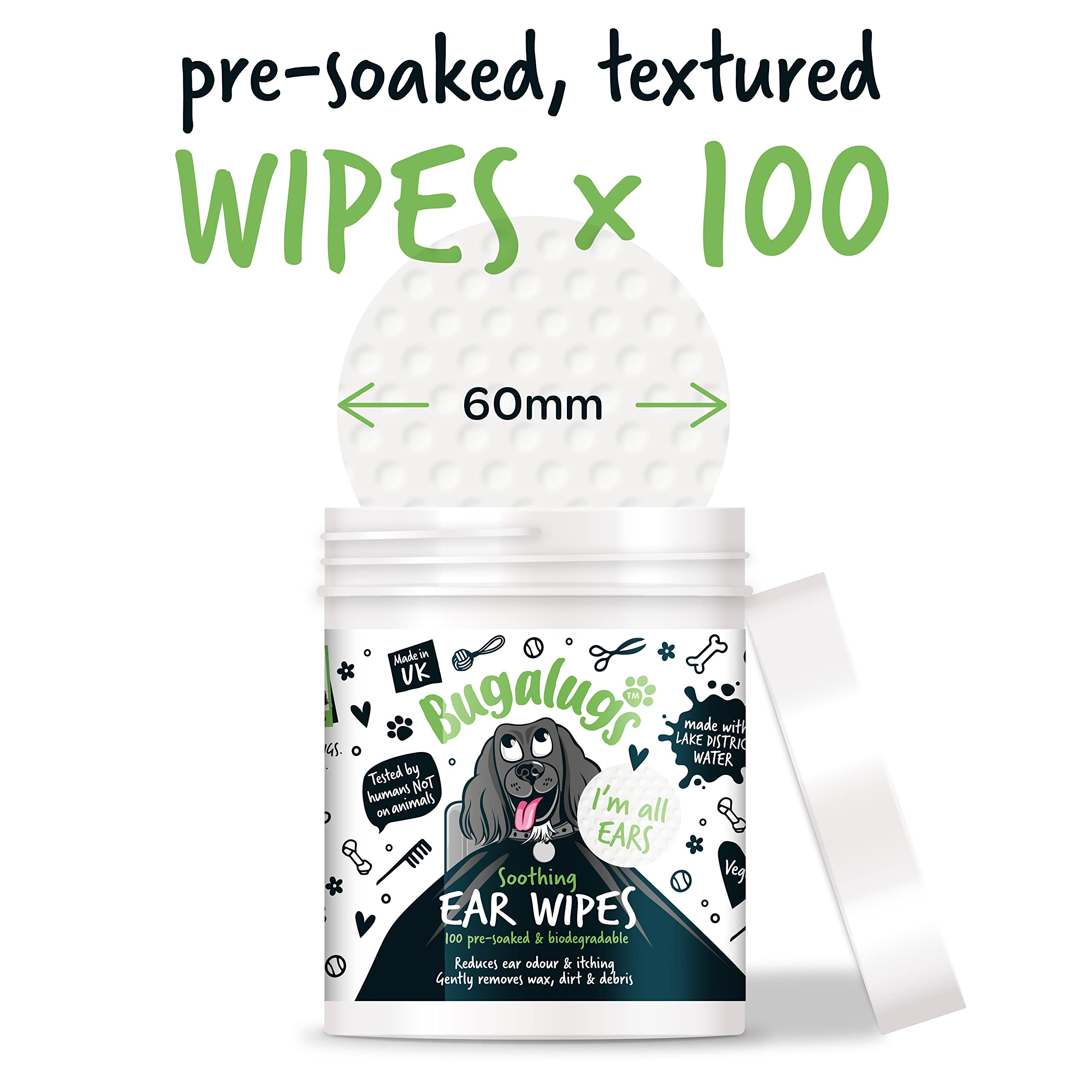 BUGALUGS Dog Ear Cleaner Dog Wipes 100 Biodegradable textured pre-soaked dog ear wipes. Pet Wipes Dog Ear Cleaner Solution Stops Head Shaking, Itching & Waxy Ears