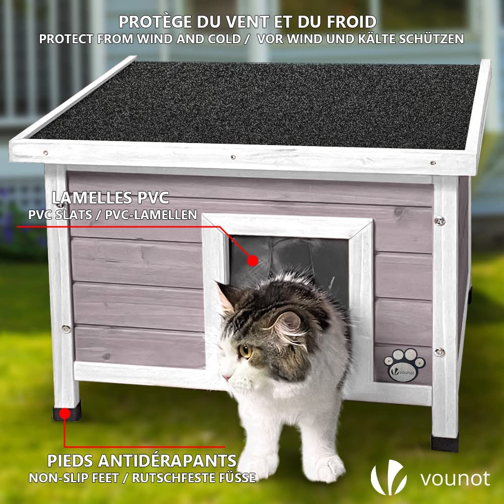 VOUNOT Cat House Outdoor with Kennel Door Privacy Window Cat Wooden Shelter 57x45x43cm, Grey