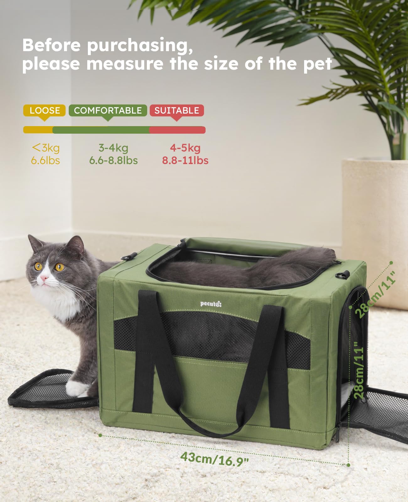 pecute Cat Carrier Stable, Pet Carriers Breathable and Portable, Cat Carriers Bag with Scientific Hidden Partition, Carriers for Cat Under 5kg, Dog Carrier Suitable for Travel and Outing, Green