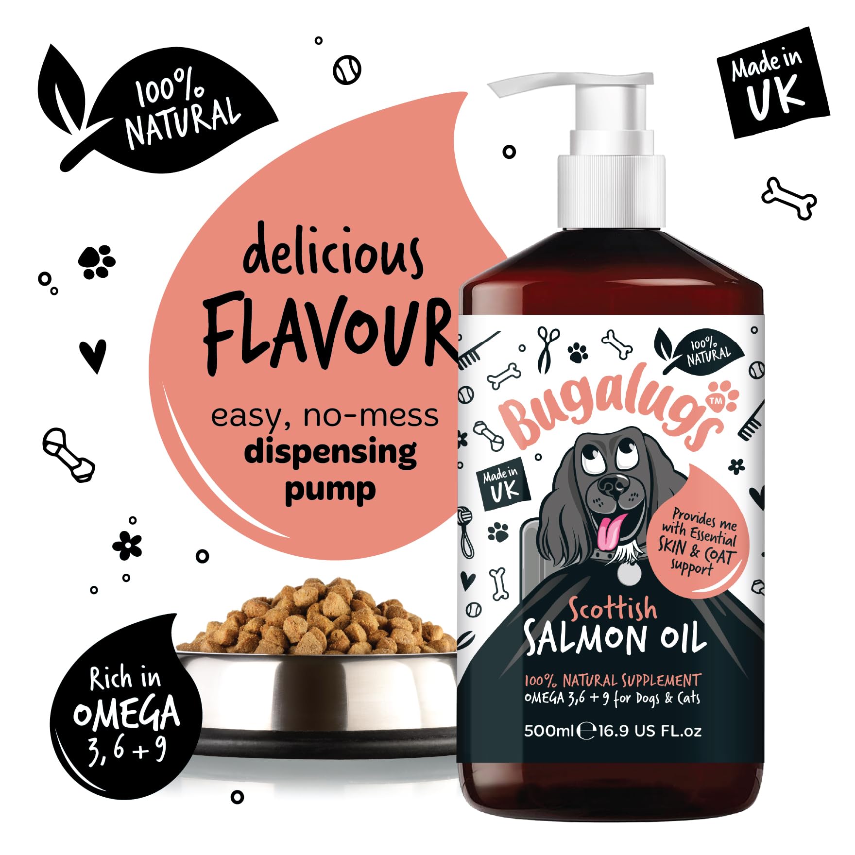 Bugalugs Scottish Salmon Oil For Dogs & Cats, Dog Supplement Support for Skin And Coat, Itchy Skin & Moulting, Omega 3 Fish Oil (Salmon, 500ml)