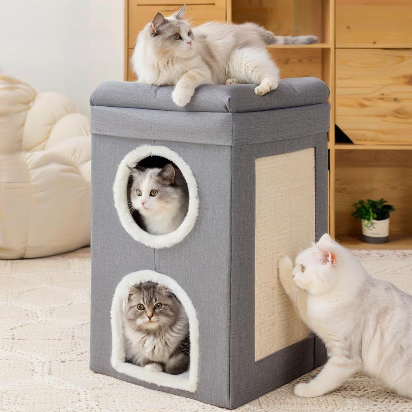 FURRYPAWS Cat House Indoor 2 Layer Cats Cave with Scratching Board, Multi-Level Kitten Bed for Indoor Cats, Cozy Cat Igloo Bed with Soft Velvet Spacious for Small & Medium Pets Grey