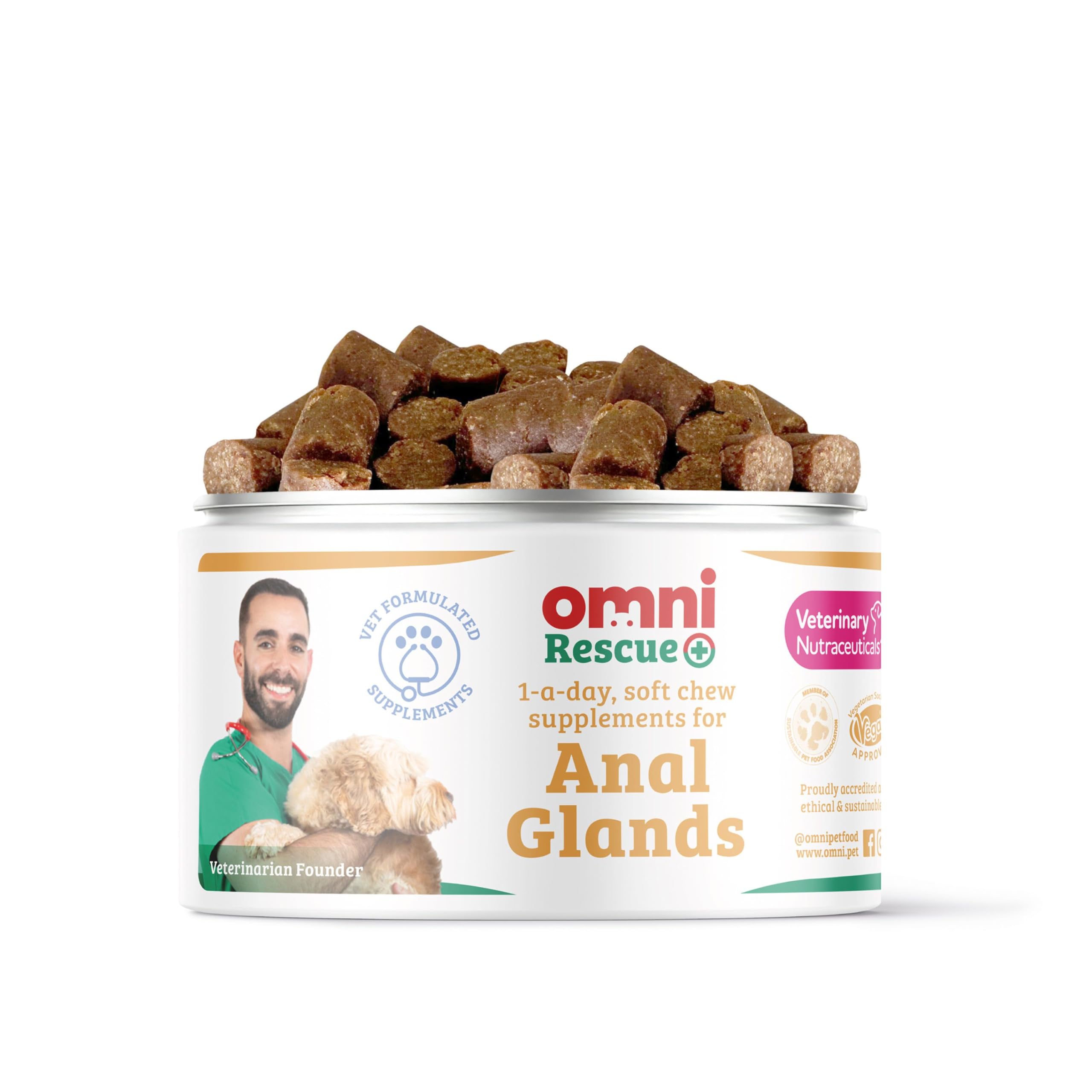 Omni Anal Glands Dog Supplements - Dragons’ Den Winners, One-a-Day Supplement, Psyllium Husk & Apple Pectin - Daily Chew Dog Treat for Full, Blocked, Odorous Glands, 30 Servings, Small 0-15 Kg