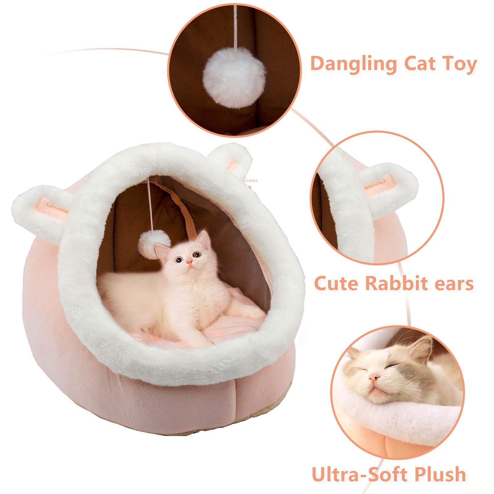 Dtopsun Cat Beds for Indoor with Anti-Slip Bottom, Rabbit-Shaped Small Dog Cave with Hanging toy, Kitten Tent House Removable Cotton Pad, Super Soft Calming Pet Sofa Mats for Puppy and Kitty