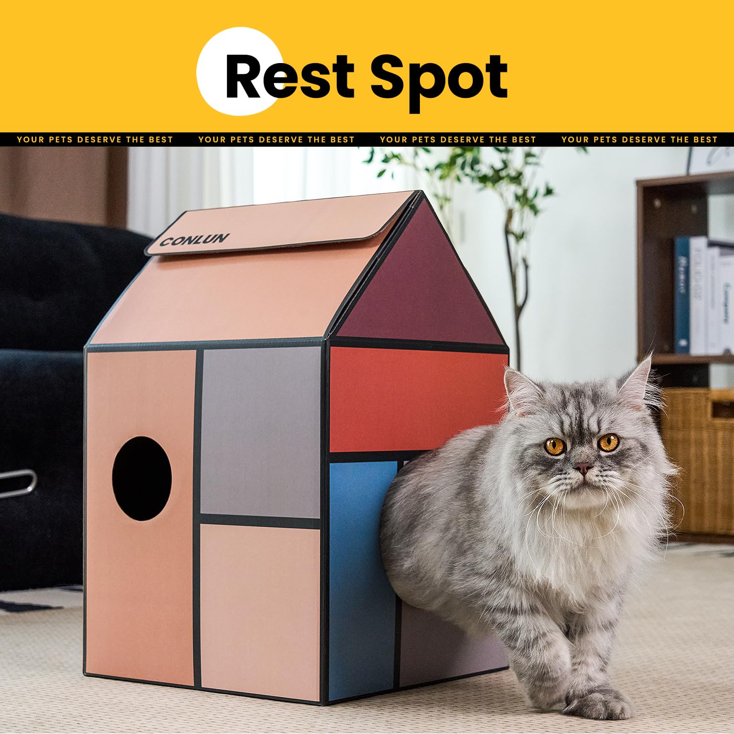 Conlun Cardboard Cat House with Scratching Board & Catnip, Cat Play Scratch House for Indoor Hideaway Furniture, Heavy Duty Sturdy Cardboard Scratcher, Easy to Assemble Birthday Gift
