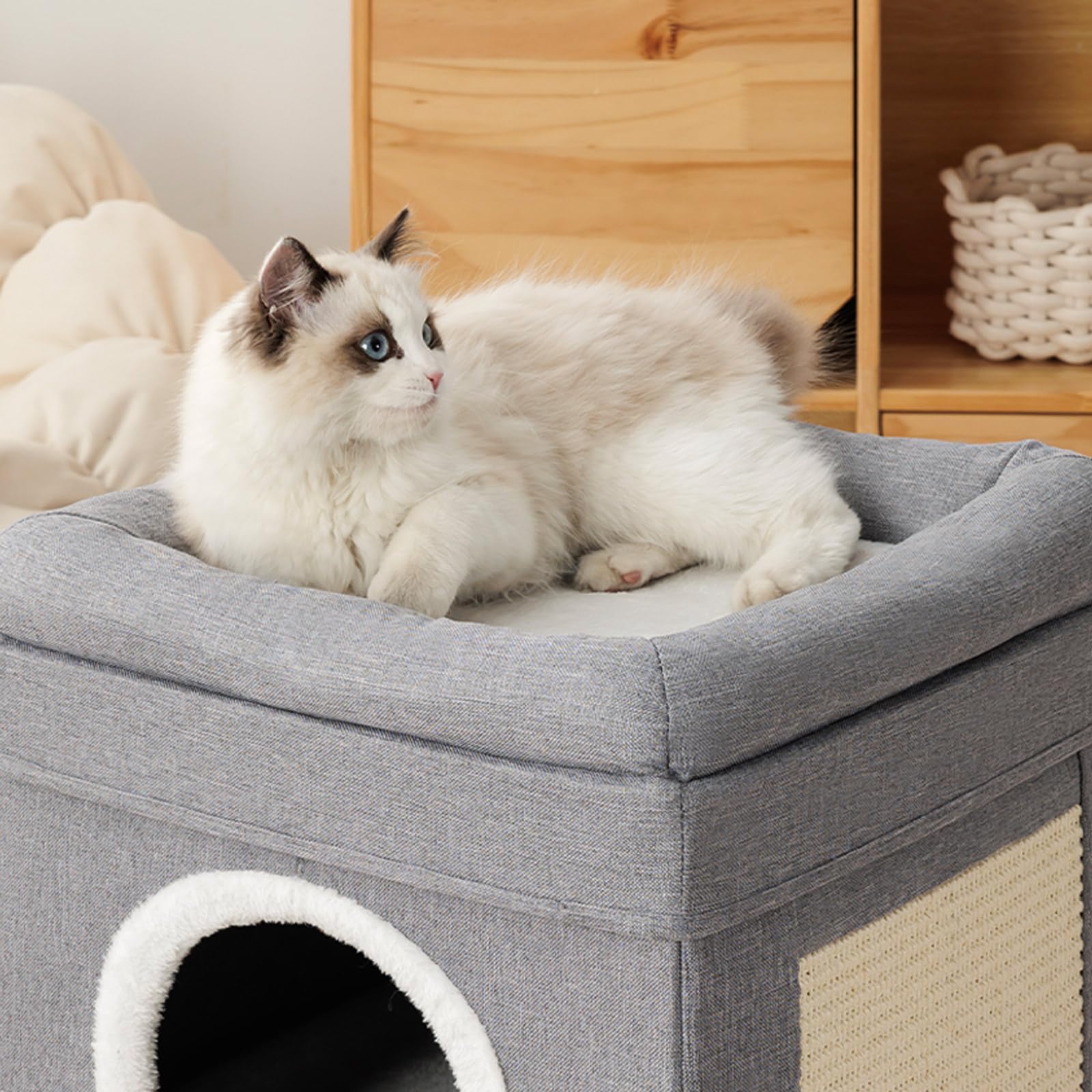 FURRYPAWS Cat House Indoor 2 Layer Cats Cave with Scratching Board, Multi-Level Kitten Bed for Indoor Cats, Cozy Cat Igloo Bed with Soft Velvet Spacious for Small & Medium Pets Grey