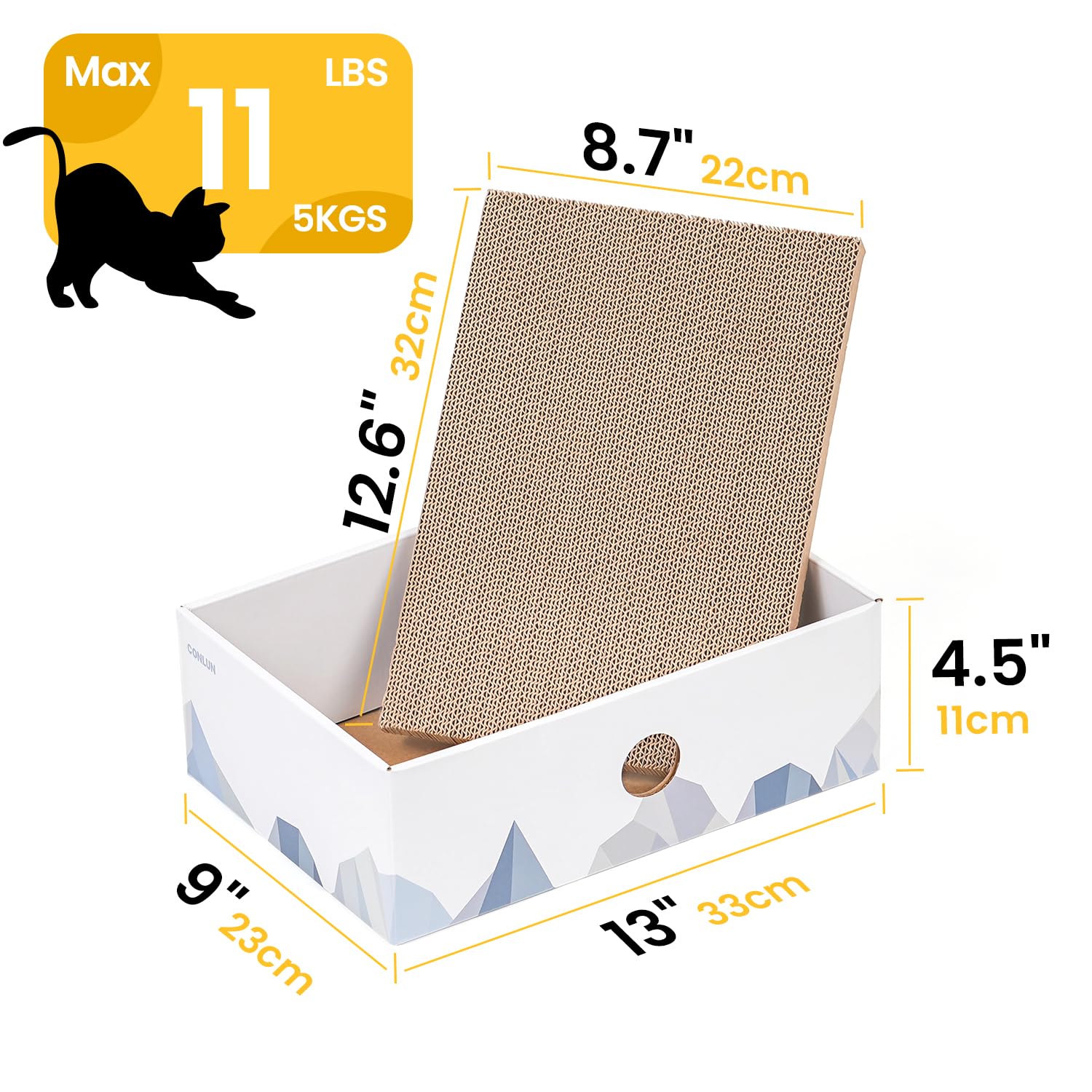 Conlun Cat Scratching Board with Box, Durable Cardboard Cat Scratcher Box, Double-sided Corrugated Scratch Pad, Interactive Holes & Mess-Free Design, Toy Gift for Kitty (1-Pack, Medium, White)