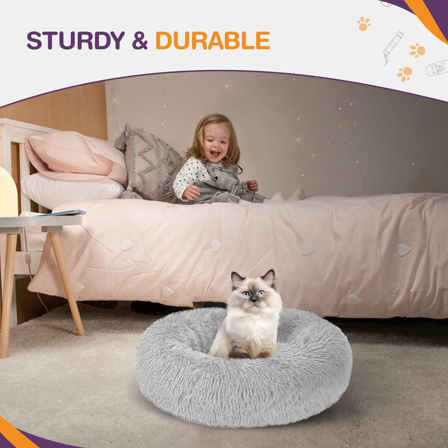 ELYF Plush Donut Cat Bed for Indoor Cats (50cm) - Calming Dog Bed Self-Warming Round Pet Cushion with Anti-Slip, Waterproof Base & Reversible Design, Machine Washable - Grey