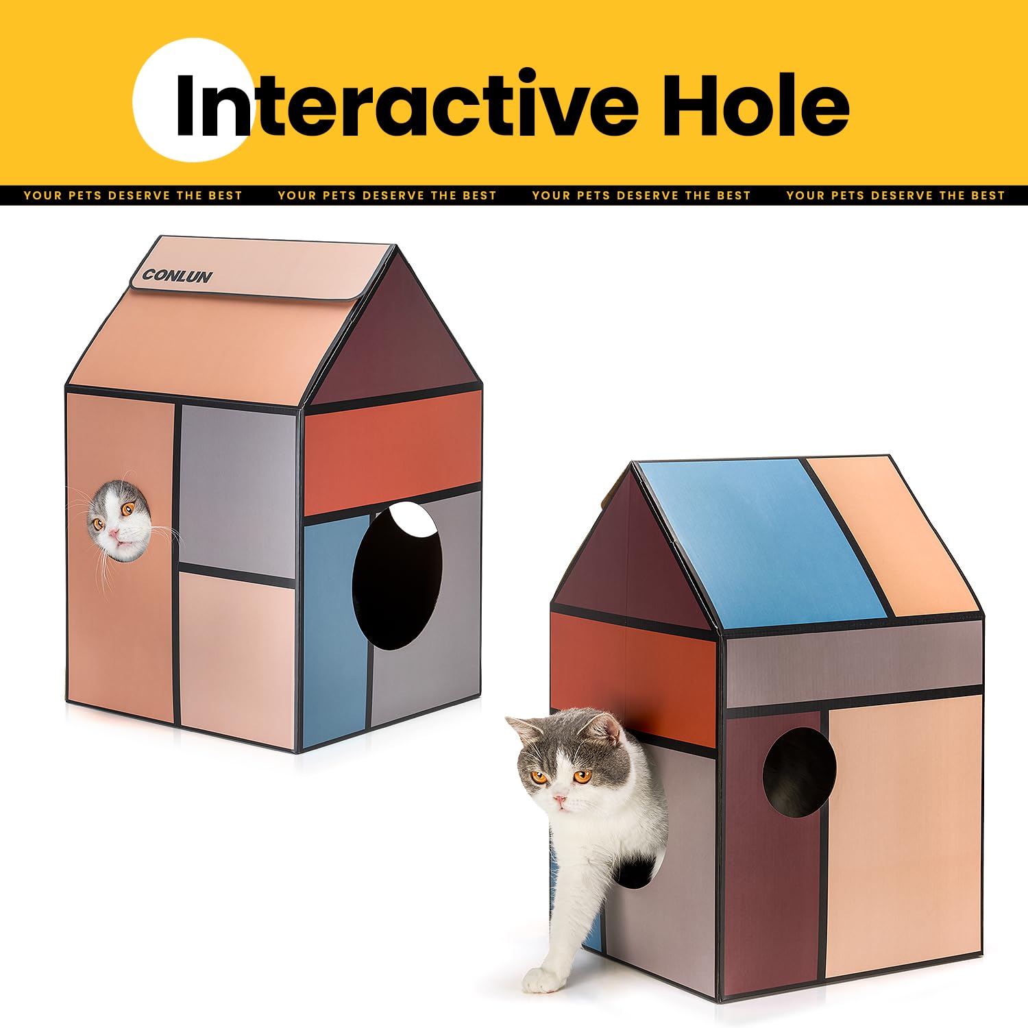 Conlun Cardboard Cat House with Scratching Board & Catnip, Cat Play Scratch House for Indoor Hideaway Furniture, Heavy Duty Sturdy Cardboard Scratcher, Easy to Assemble Birthday Gift