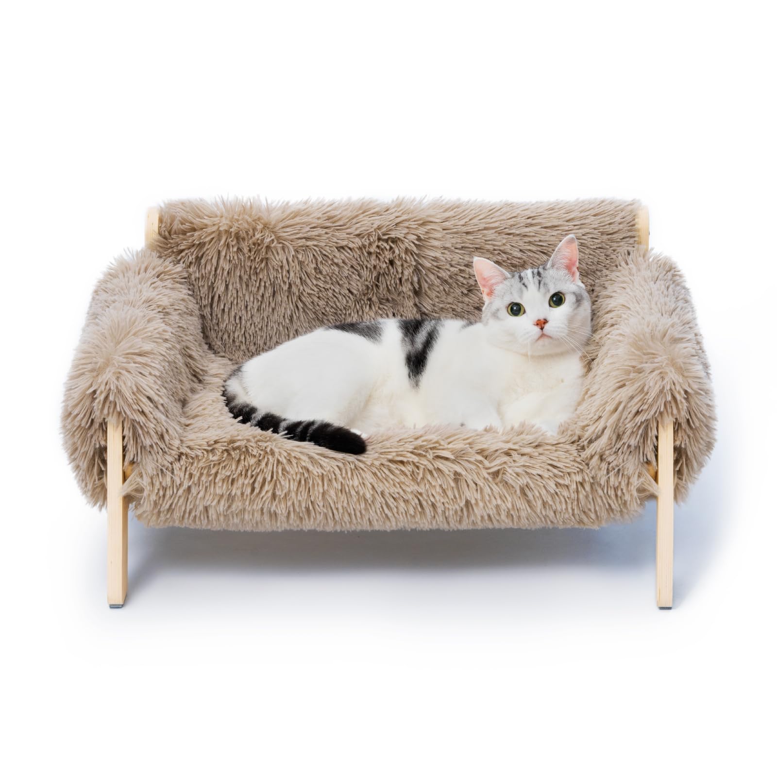 MEWOOFUN Large Cat Sofa - Sturdy Wooden Leg Raised Bed for Indoor Cats, Holds up to 15kg, 56x45cm Brown