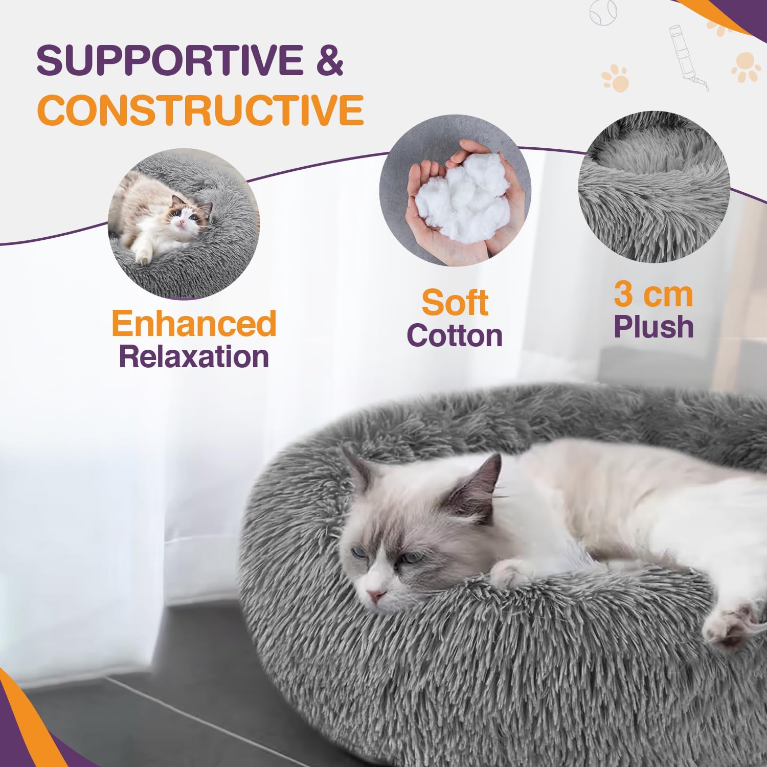 ELYF Plush Donut Cat Bed for Indoor Cats (50cm) - Calming Dog Bed Self-Warming Round Pet Cushion with Anti-Slip, Waterproof Base & Reversible Design, Machine Washable - Grey