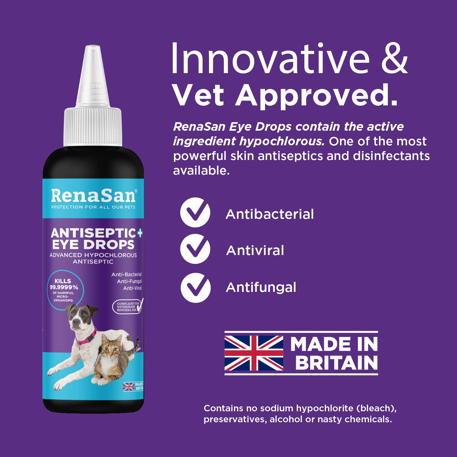 RenaSan Antiseptic Eye Drops (60 ml) – Eye Disinfection, Alcohol-Free, Non-Irritating and Natural Eye Cleaning Solution for Dogs, Cats, Reptiles, Poultry, Avian & Livestock (PACKAGING MAY VARY)