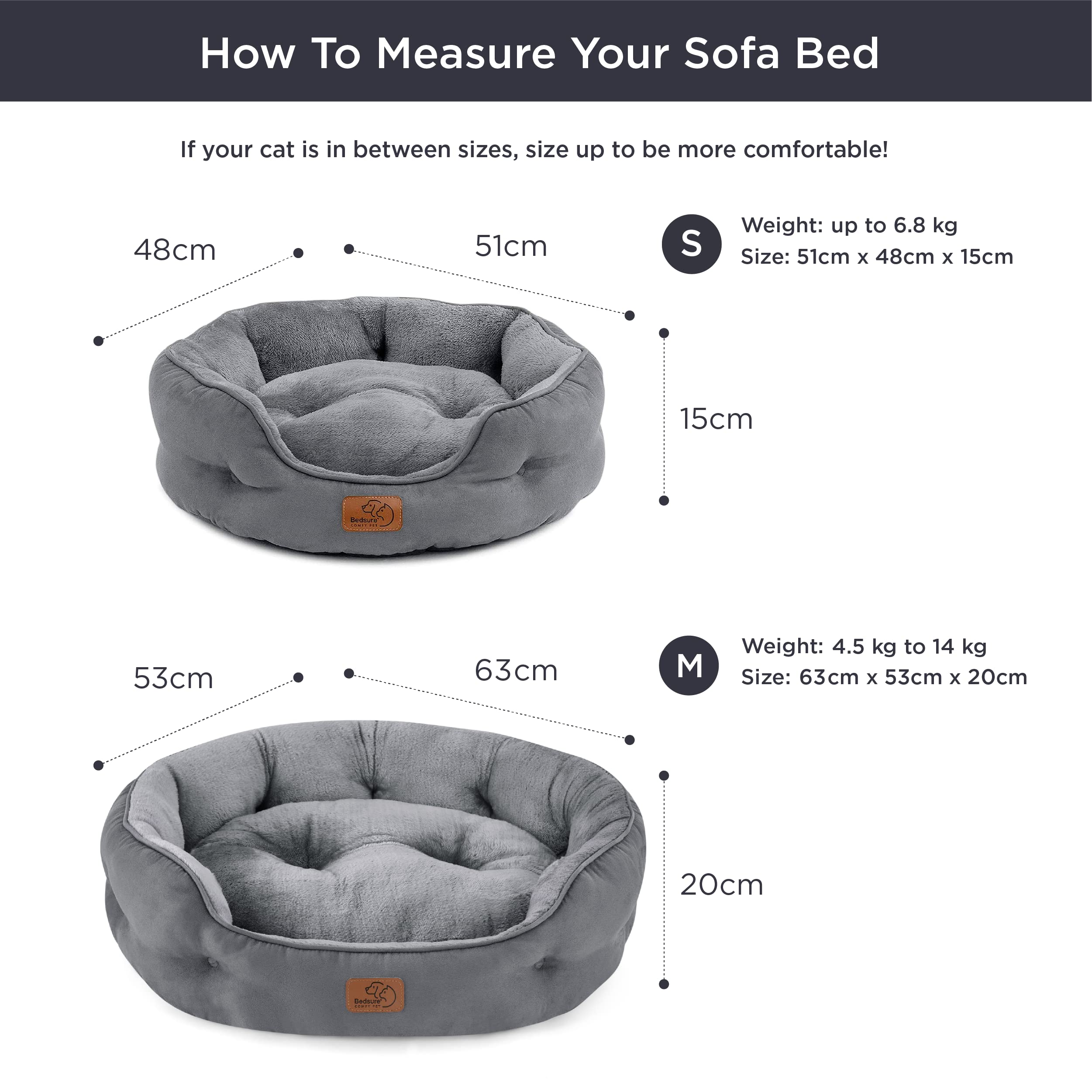 Bedsure Cat Bed for Indoor Cats - 51x48x15cm Round Washable Kitten Bed with Slip-Resistant Bottom and Reversible Cushion, Grey