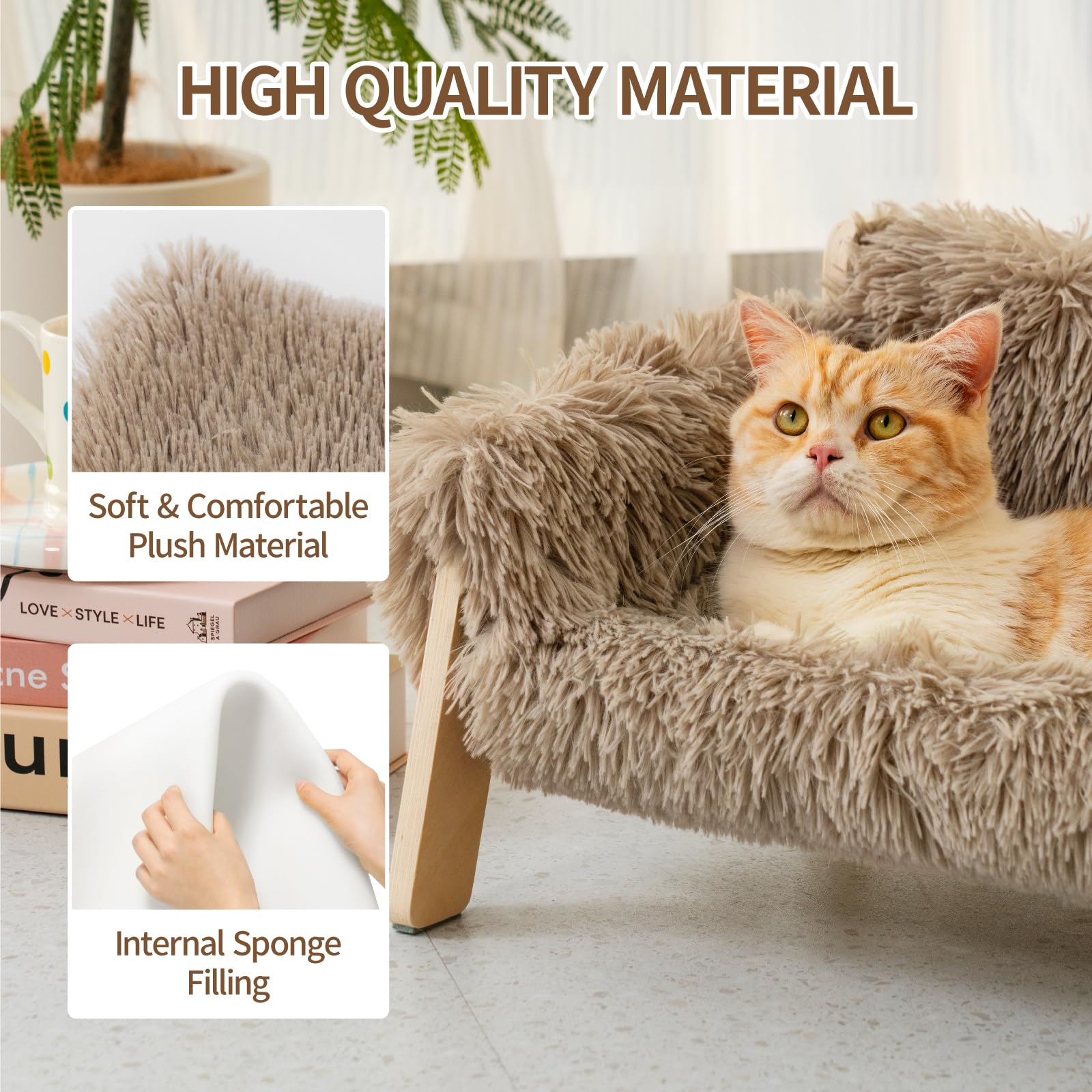 MEWOOFUN Large Cat Sofa - Sturdy Wooden Leg Raised Bed for Indoor Cats, Holds up to 15kg, 56x45cm Brown