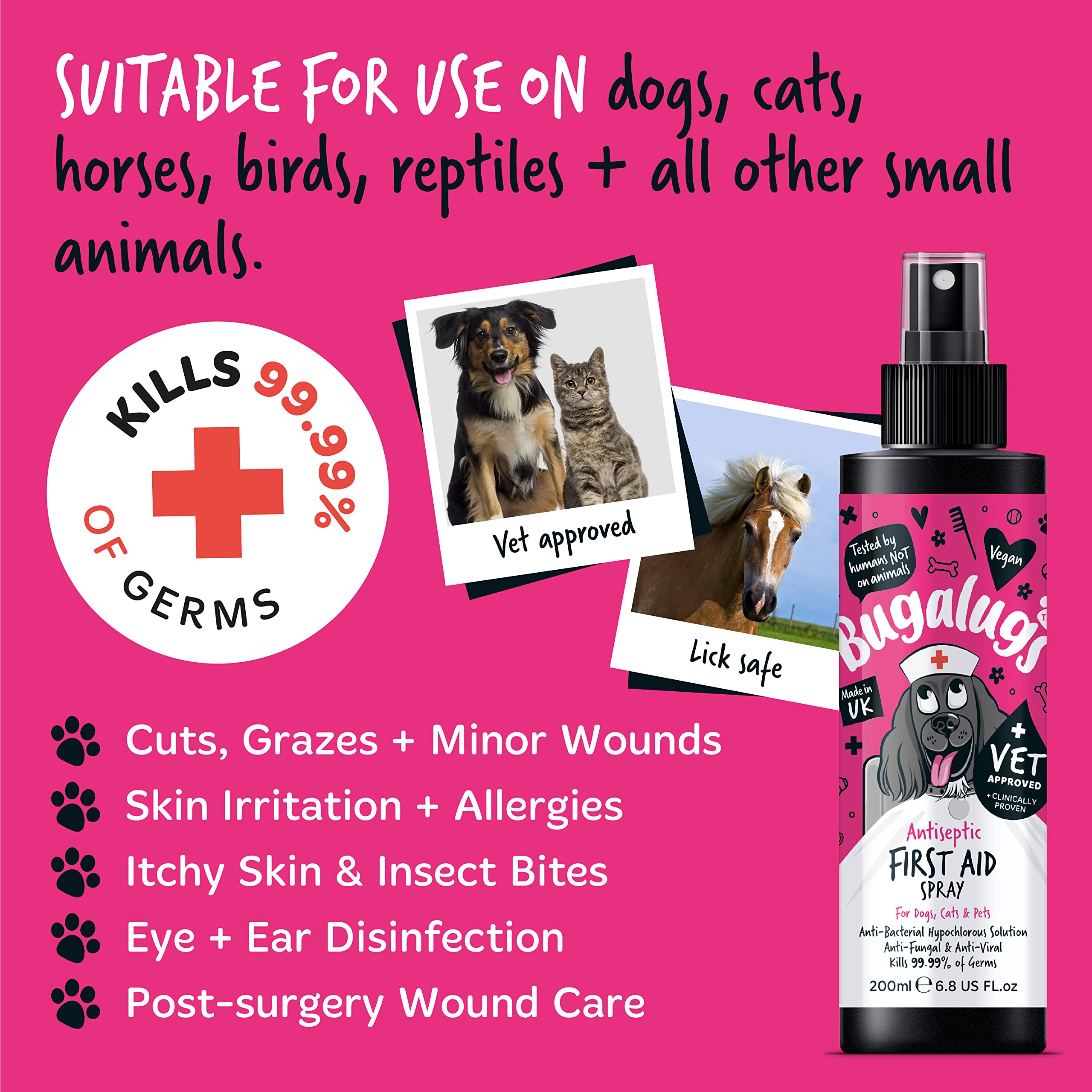 BUGALUGS First Aid Pet Antiseptic spray for dogs, puppy & cats 200ml - Antibacterial, Antiviral, Antifungal spray for cuts, wounds & itchy skin