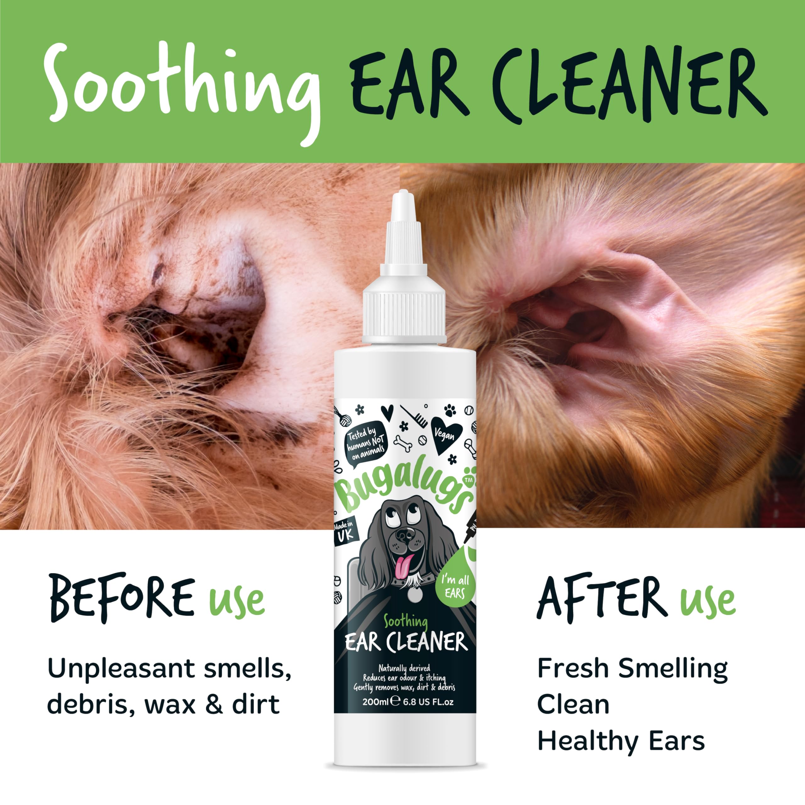 BUGALUGS Ear Cleaner, Dog & Cat Ear Cleaner Solution Softens & Removes Wax, Ear Hygiene, Non-Toxic Dog & Cat Ear Drops, Alcohol-Free Stop Head Shaking with Easy Applicator (250ml)