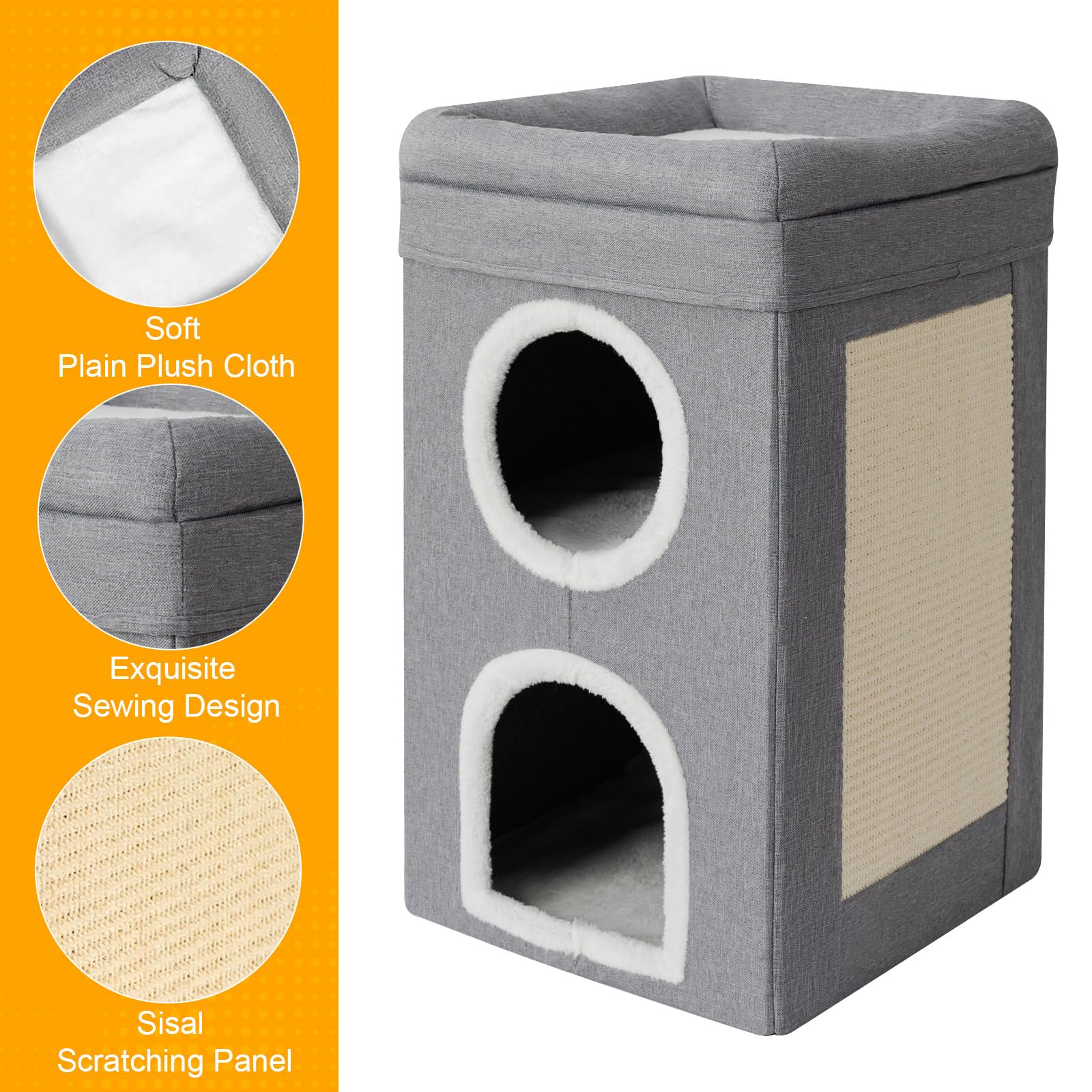 FURRYPAWS Cat House Indoor 2 Layer Cats Cave with Scratching Board, Multi-Level Kitten Bed for Indoor Cats, Cozy Cat Igloo Bed with Soft Velvet Spacious for Small & Medium Pets Grey