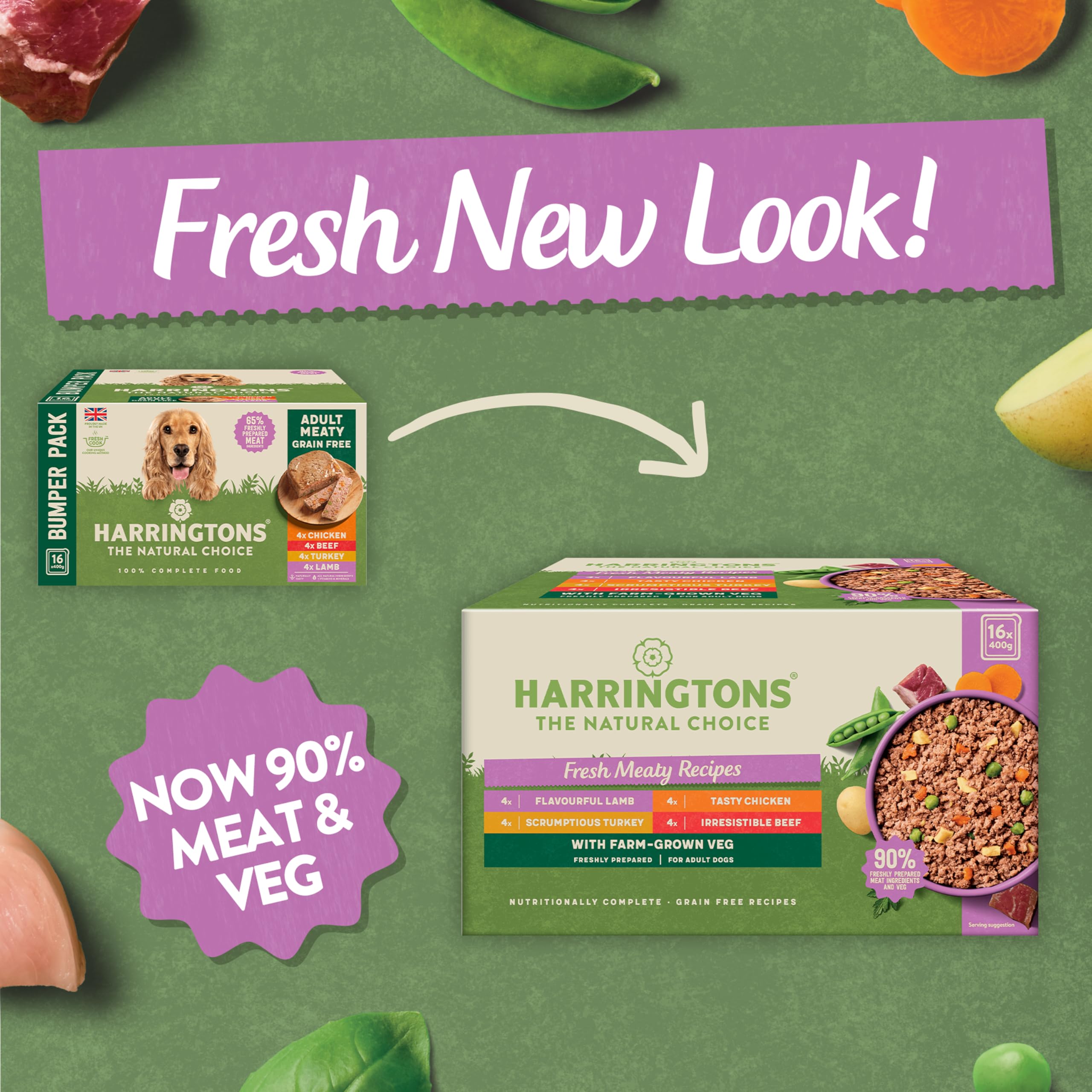Harringtons Complete Wet Tray Grain Free Hypoallergenic Adult Dog Food Meaty Bumper Pack 16x400g - Chicken, Lamb, Beef & Turkey - Made with All Natural Ingredients (Package may vary)