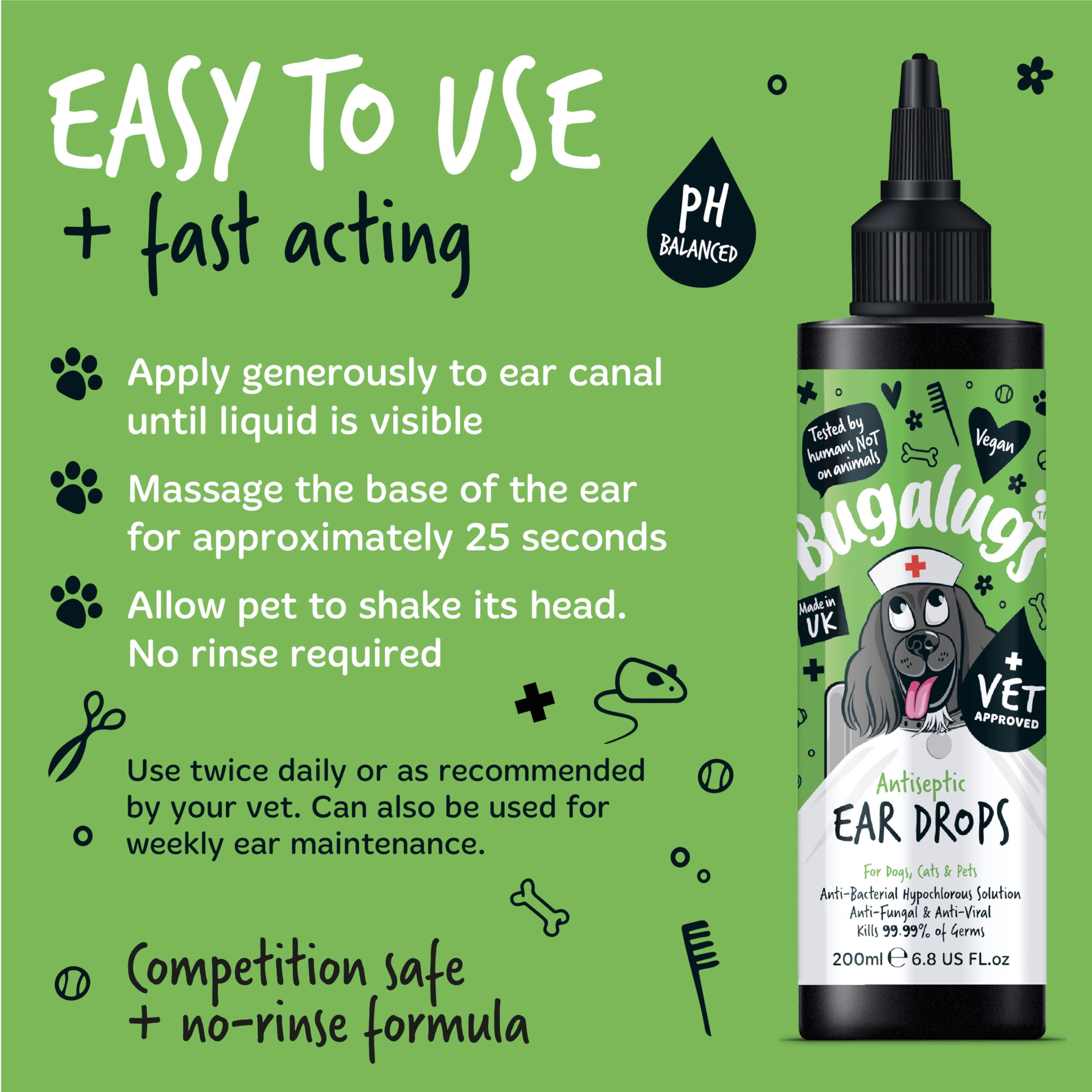 BUGALUGS Antiseptic Ear Drops 200ml – Ear Disinfection, Kills bacteria, Stops Odours, Scratching & Discomfort, Anti-fungal (Yeast), Veterinary-grade, for Dogs, Cats & all other animals