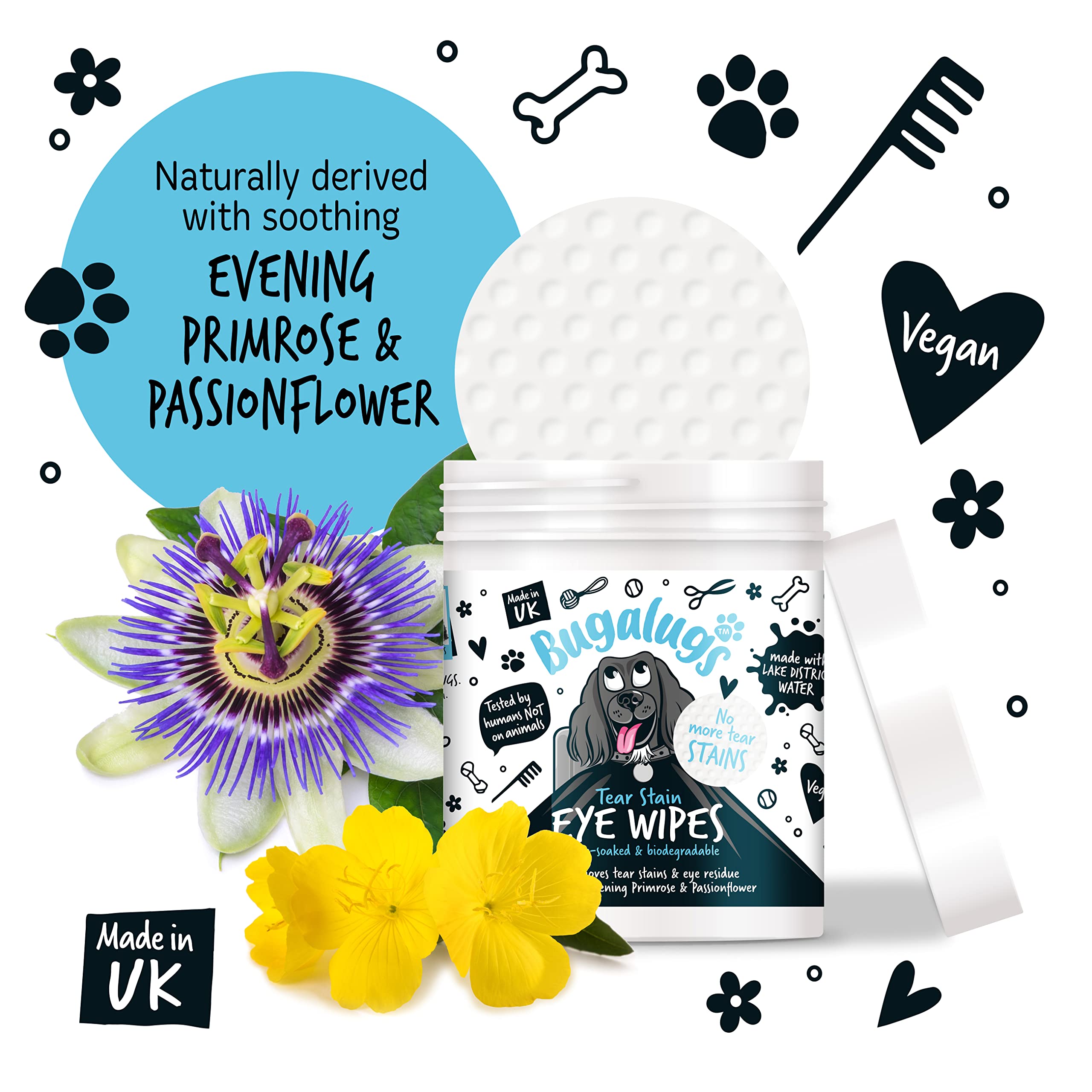 BUGALUGS Dog Eye Wipes 100 Biodegradable textured pre-soaked Dog Wipes. Safe & Easy Cleaning For Dogs - Pet Eye Wipes Remove Tear Stains, Dog Eye Crust & Eye Discharge