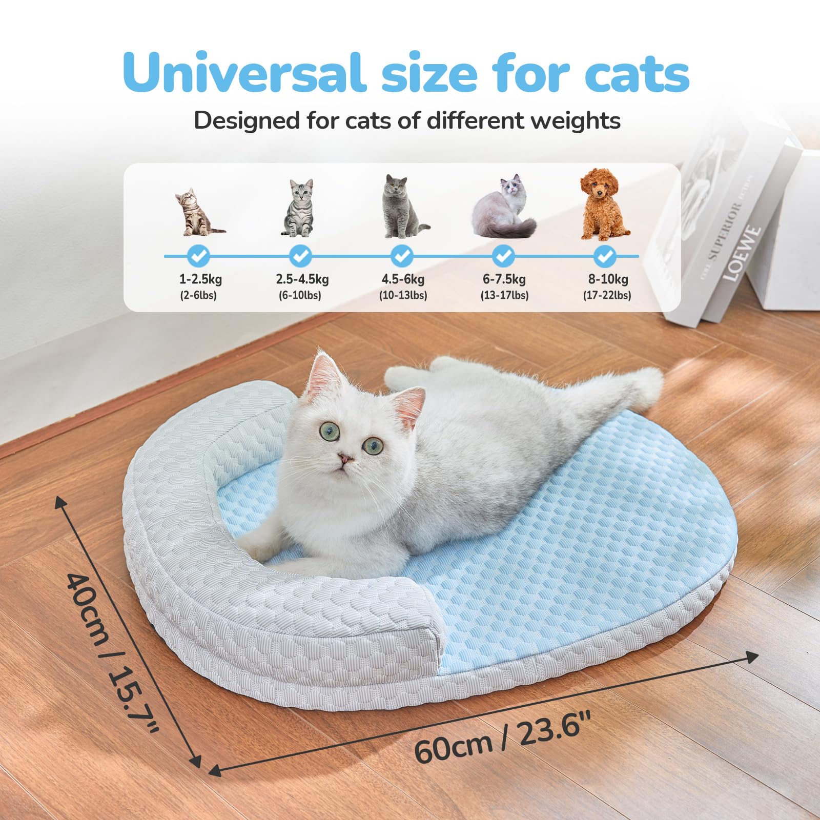 CATISM Cool Pet Mat - Cat Cooling Bed with Pillow, Washable Dog Cat Cooling Mat for Indoor Pets Non-Slip Large Kitty Nest (60 * 45cm, blue)