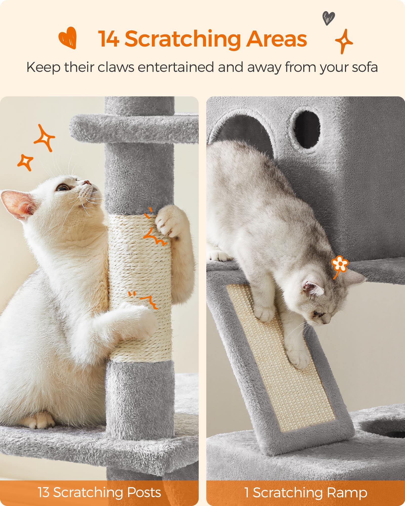 FEANDREA Cat Tree, 206 cm Large Cat Tower with 13 Scratching Posts, 1 Scratching Ramp, 2 Perches, 2 Caves, Basket, Hammock, Pompoms, Multi-Level Plush Cat Condo for Indoor Cats, Light Grey