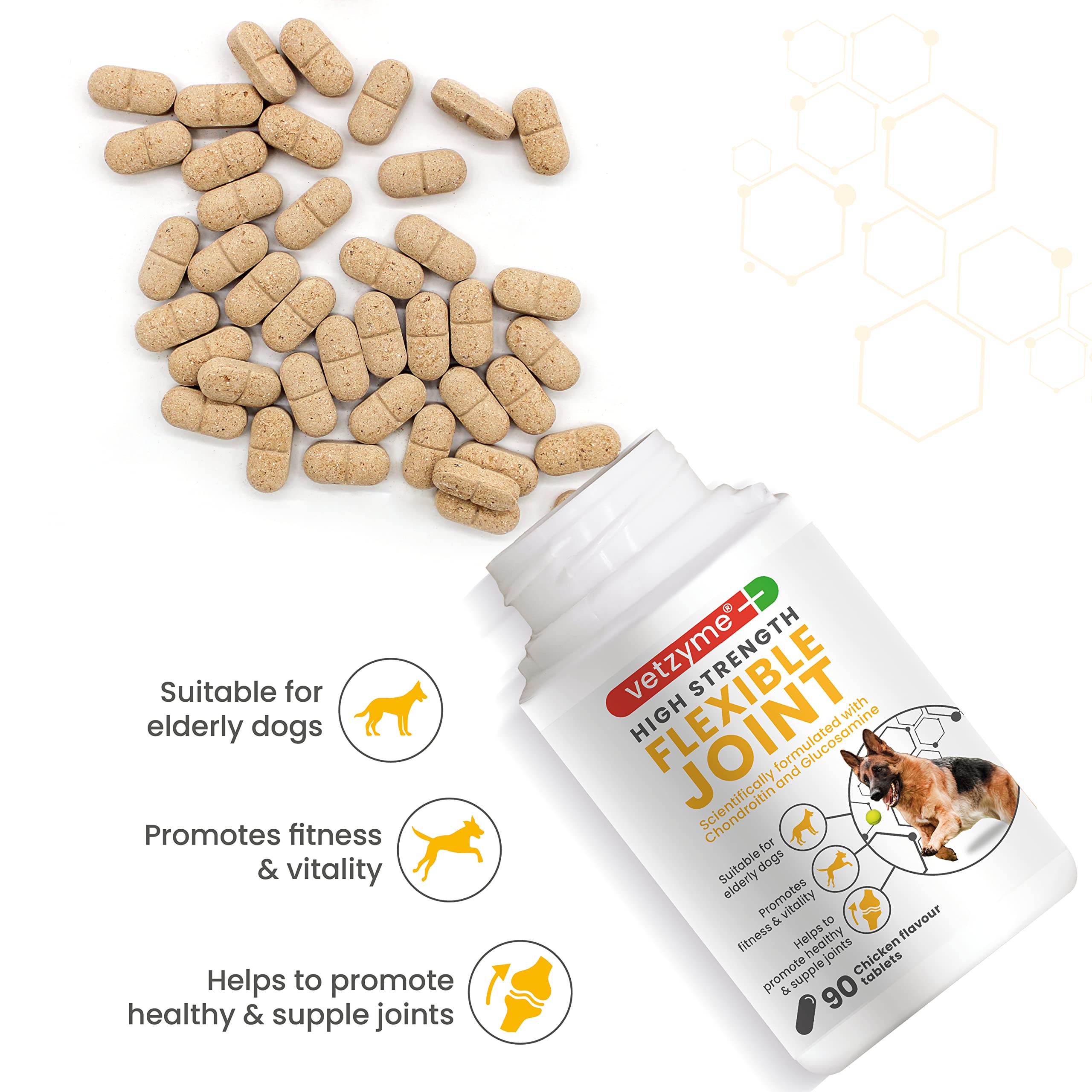 Vetzyme High Strength Flexible Joint Supplements for Senior Dogs (90 Tablets) - Hip and Joint Care with Chondroitin and Glucosamine, Tasty Chicken Flavour