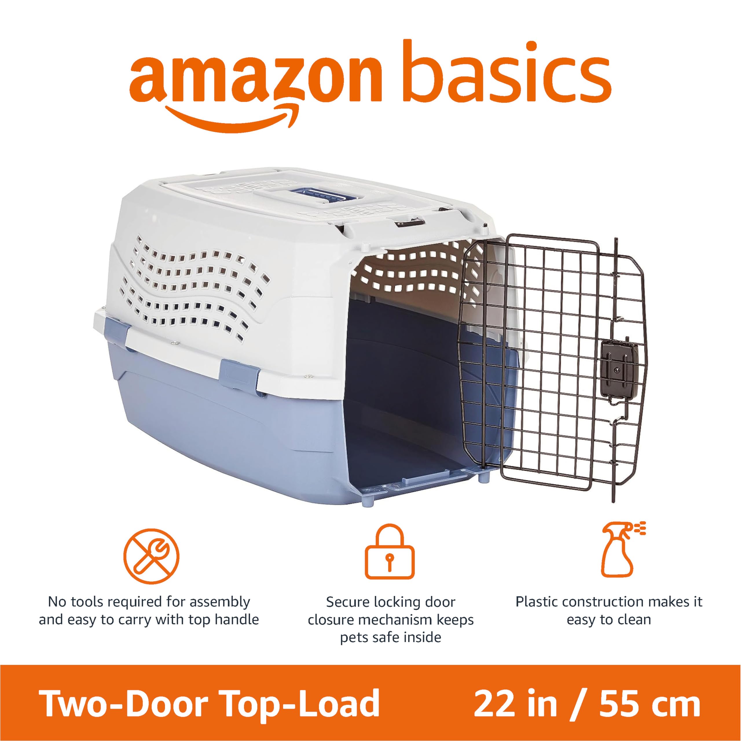 Amazon Basics Hard-Sided Cat Carrier, Two-Door Top-Load Pet Dog/Cat Travel Box Carrier, Blue, 58 L x 38 W x 33 H cm